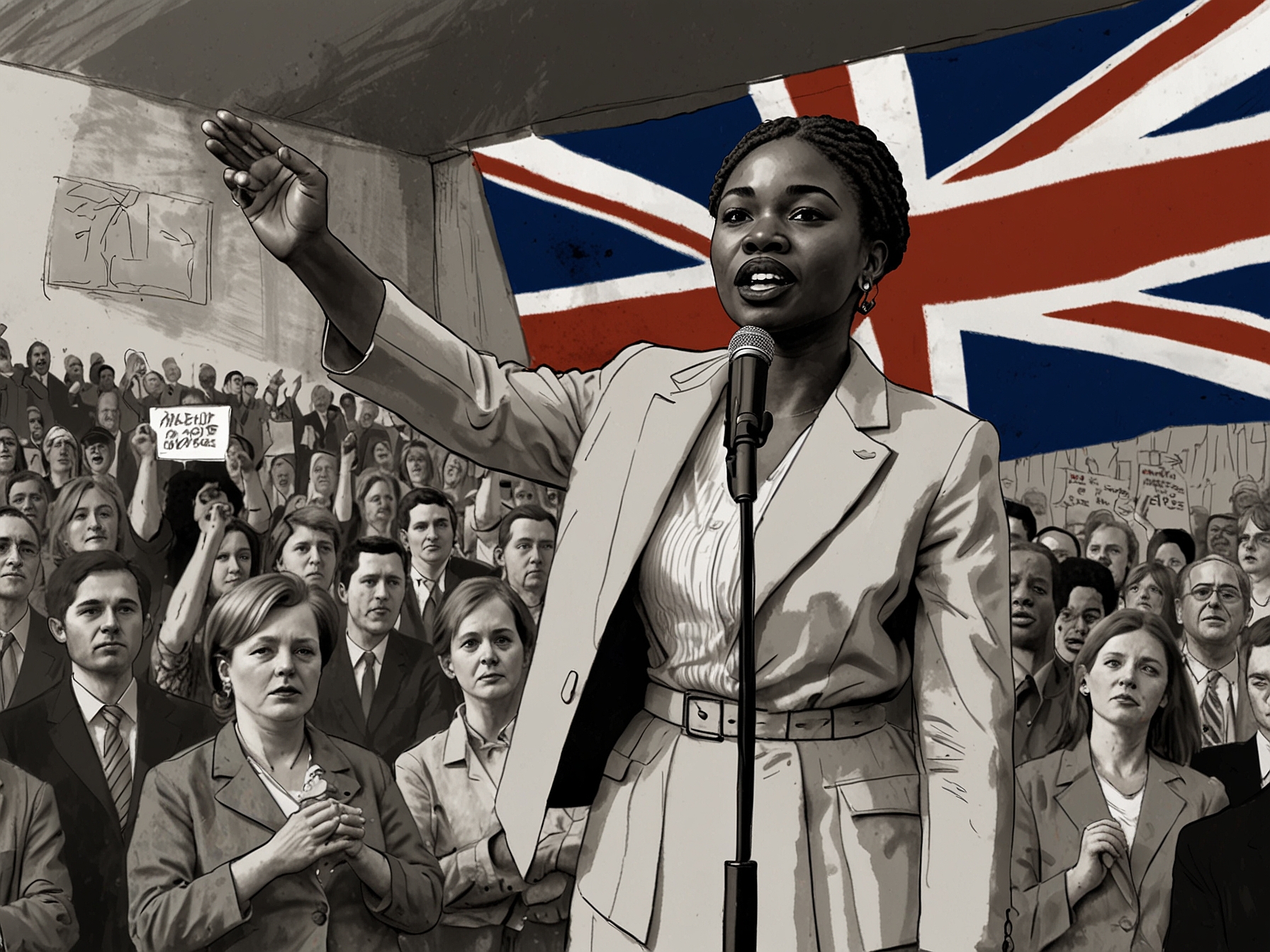 Kemi Badenoch speaking passionately at a Conservative Party rally, emphasizing the need for unity and urging former Tory voters to return to the party instead of supporting Reform UK.
