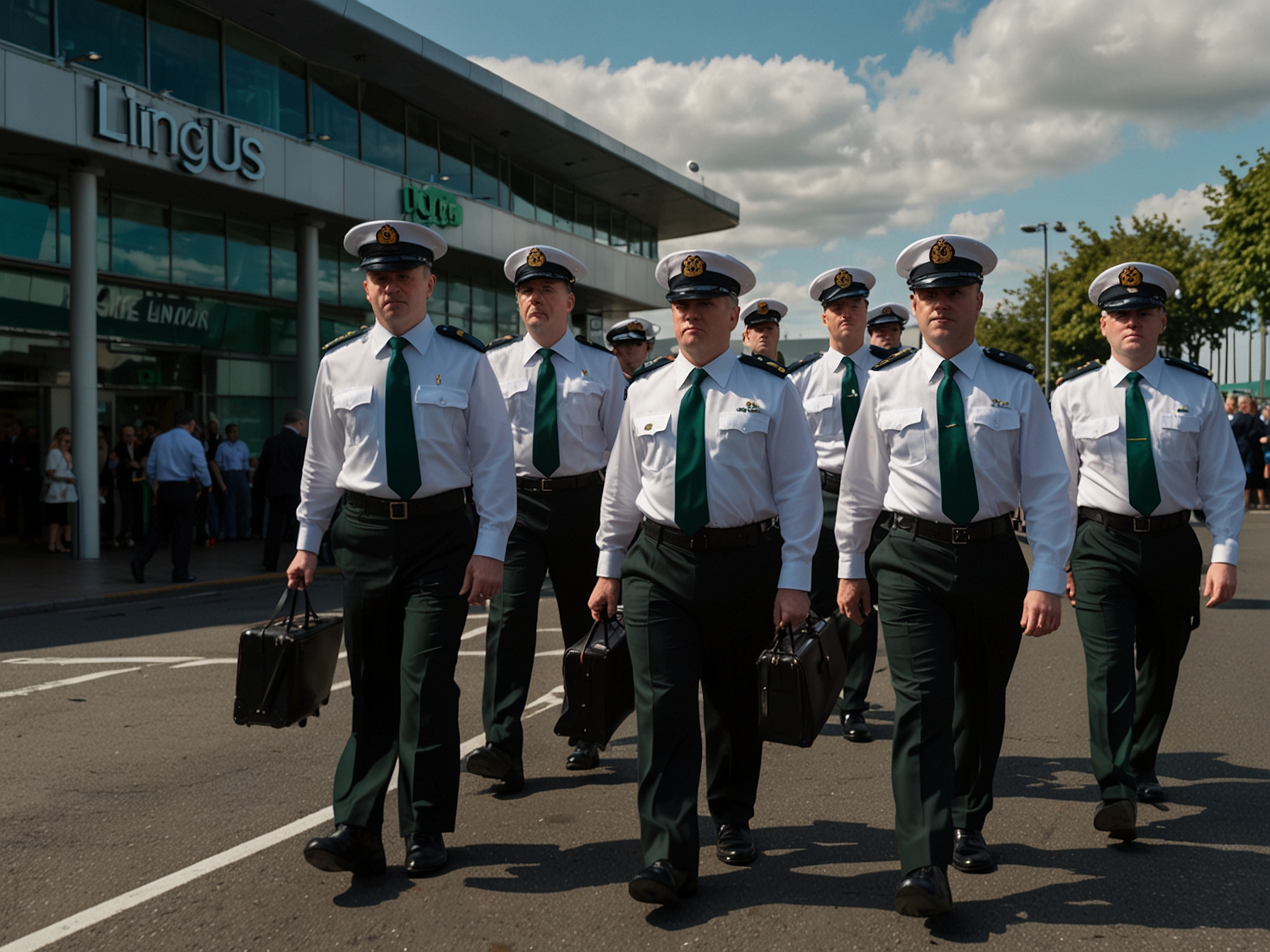 Aer Lingus pilots in uniform march in an orderly procession around Dublin Airport during the eight-hour strike, emphasizing their grievances over the current pay structure.