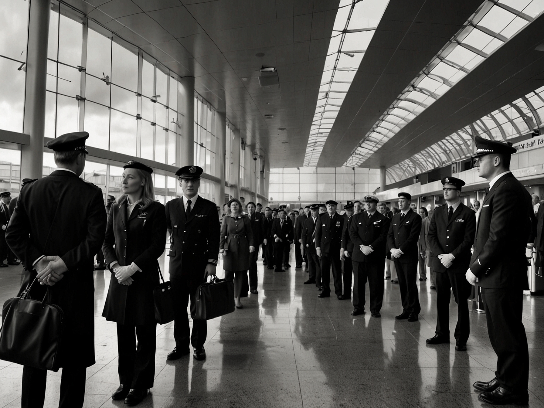 Passengers and airport staff observe the marching pilots at Dublin Airport, showcasing mixed reactions of sympathy and concern over potential travel disruptions due to the strike.