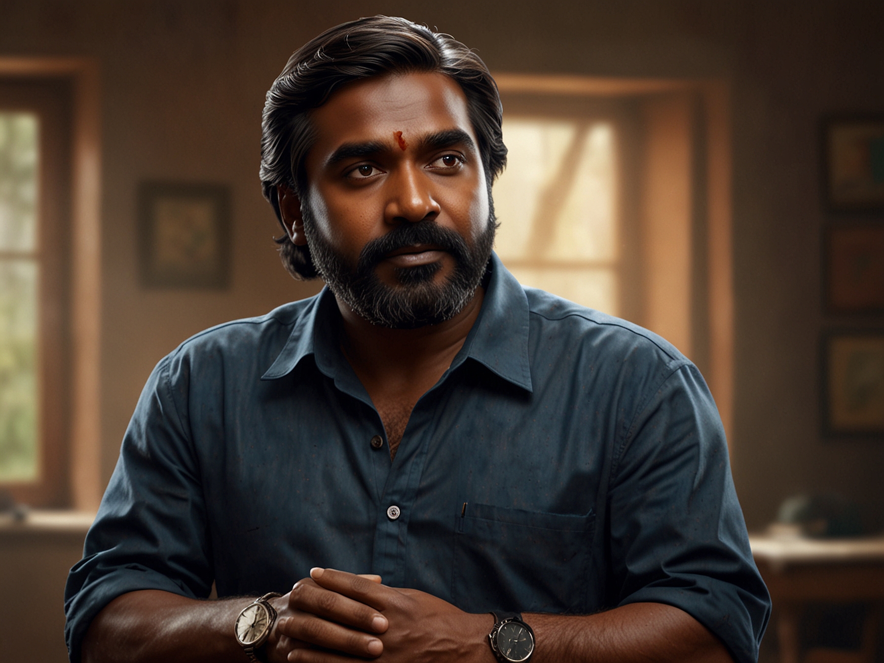 Vijay Sethupathi in a parental role on the set of 'Maharaja', capturing his unique expression of fatherhood that profoundly affects his acting.
