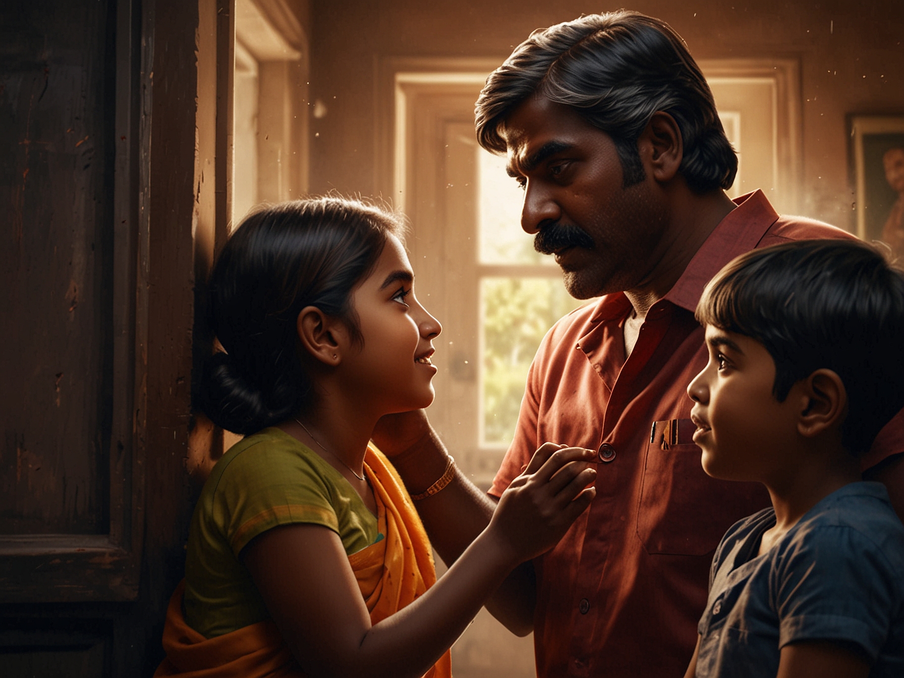 A candid moment between Sethupathi and his children, illustrating the open communication and mutual respect that shape his performances in Tamil cinema.