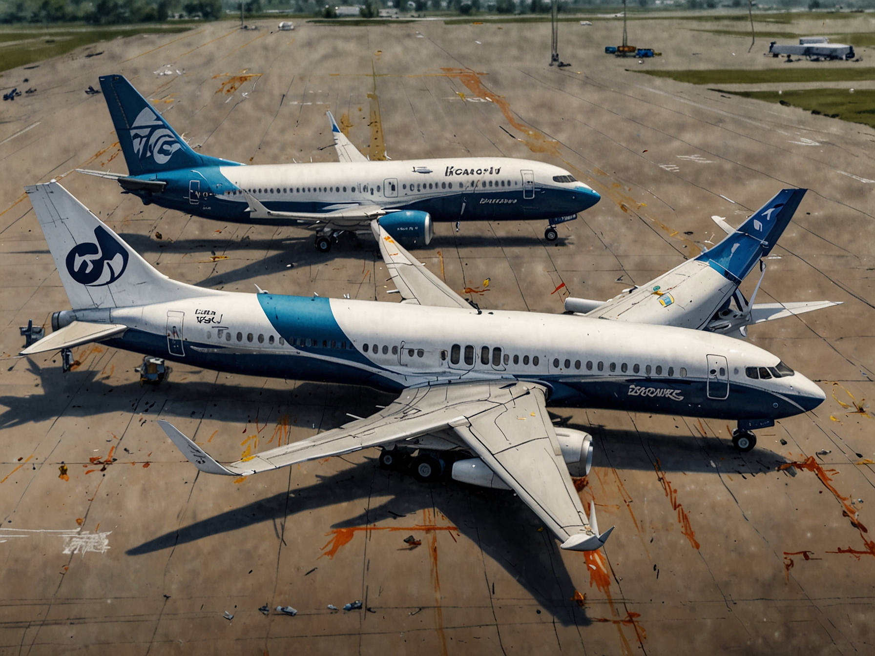 An image depicting the grounded Boeing 737 Max fleet, highlighting the global grounding order and regulatory scrutiny the aircraft faced following the fatal crashes.