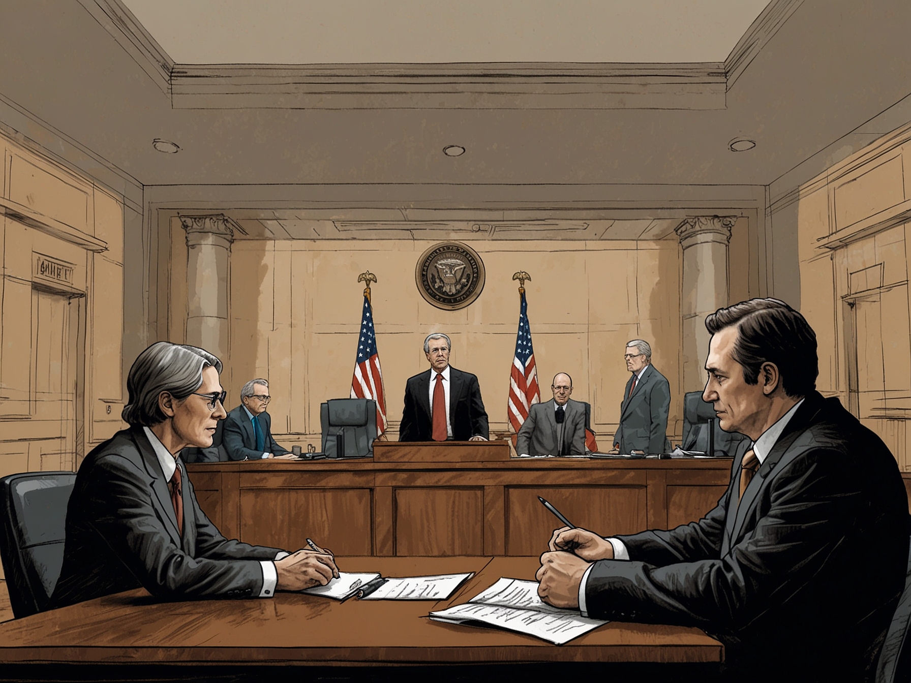 A courtroom illustration with lawyers and Boeing representatives, symbolizing the legal battle and the Justice Department's push for Boeing to enter a guilty plea for regulatory violations.