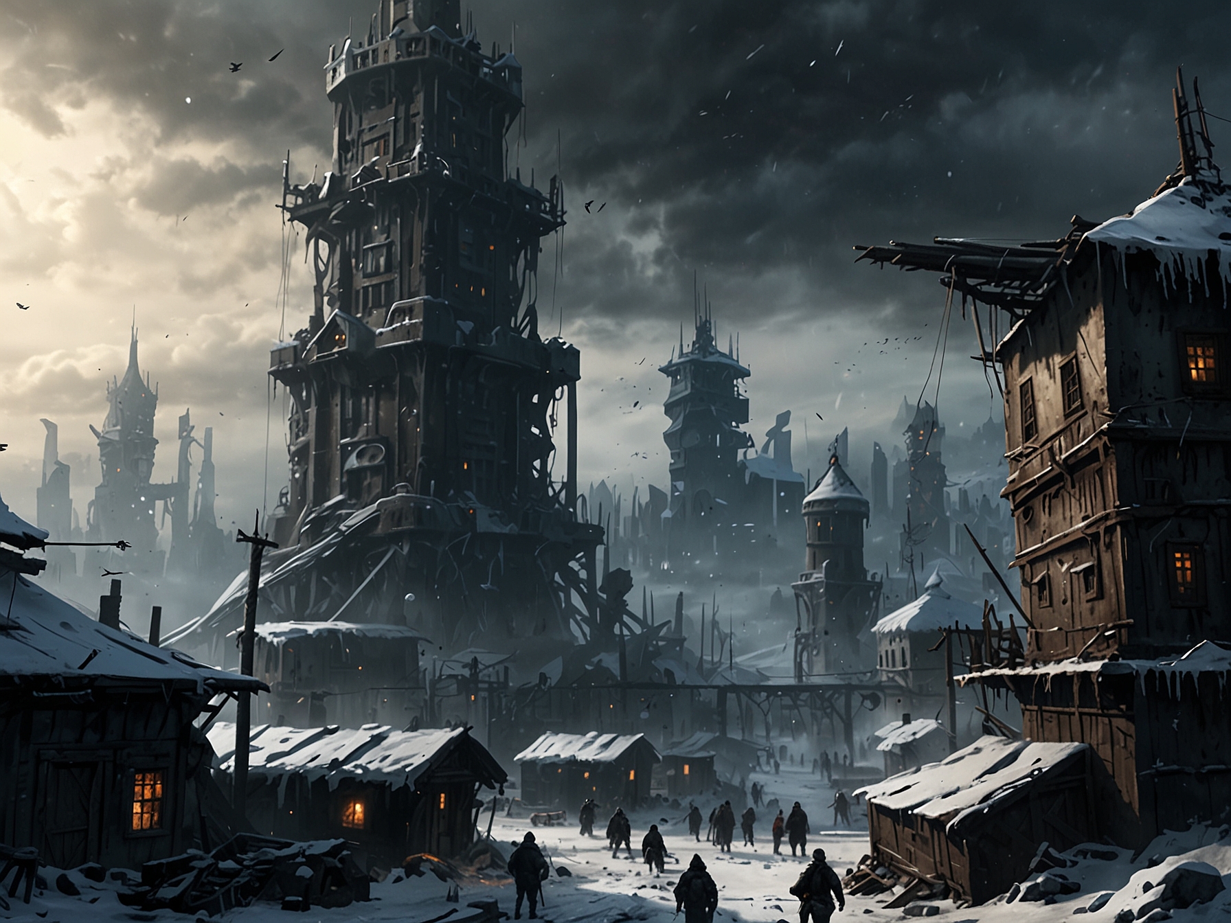 An icy, post-apocalyptic cityscape with towering structures and citizens bustling around, reflecting the harsh and unforgiving environment of Frostpunk 2.
