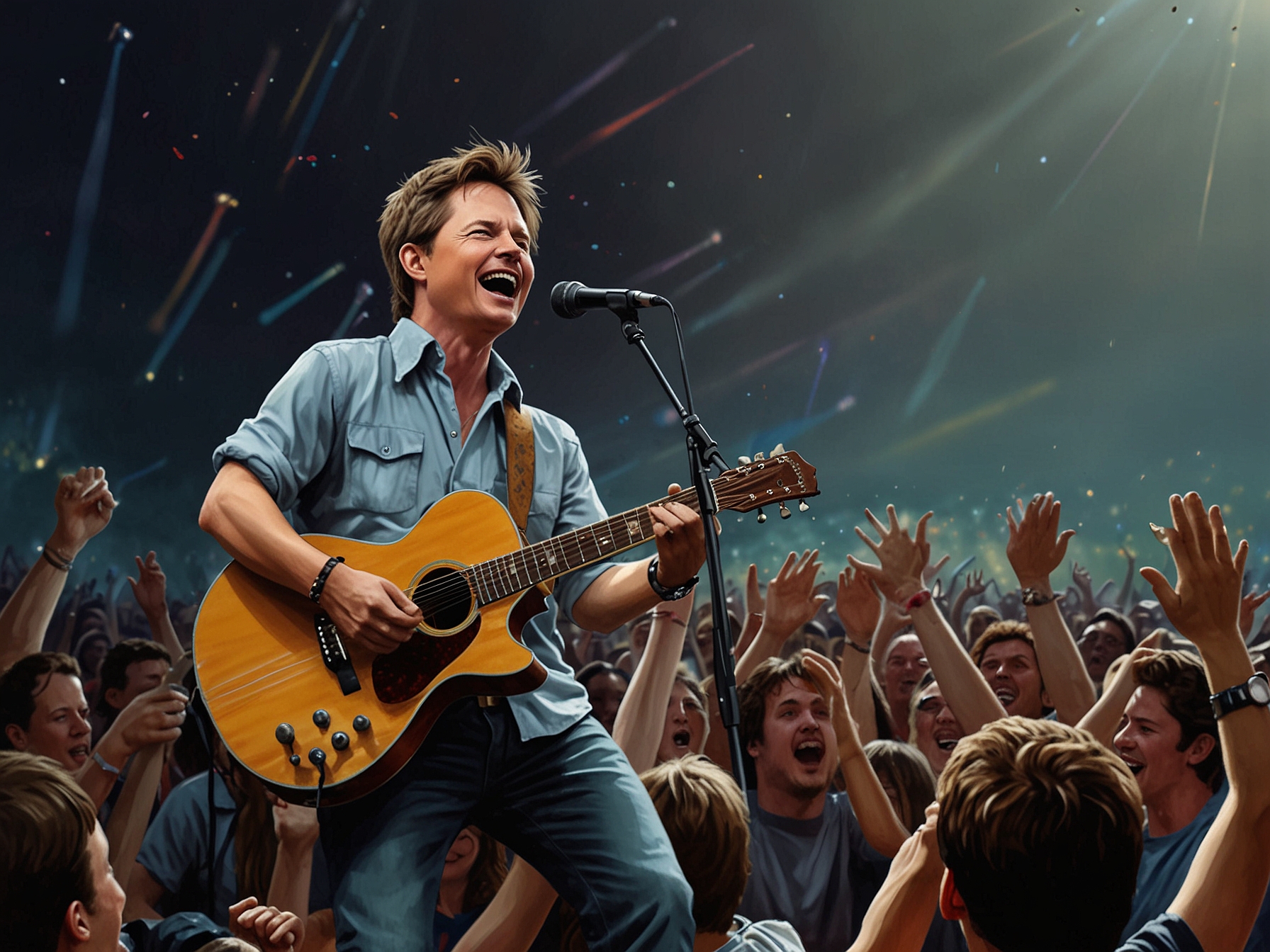 Michael J. Fox on stage at Glastonbury Festival, holding a guitar and performing with Coldplay. The crowd is visibly enthusiastic, capturing the excitement and nostalgia of the moment.