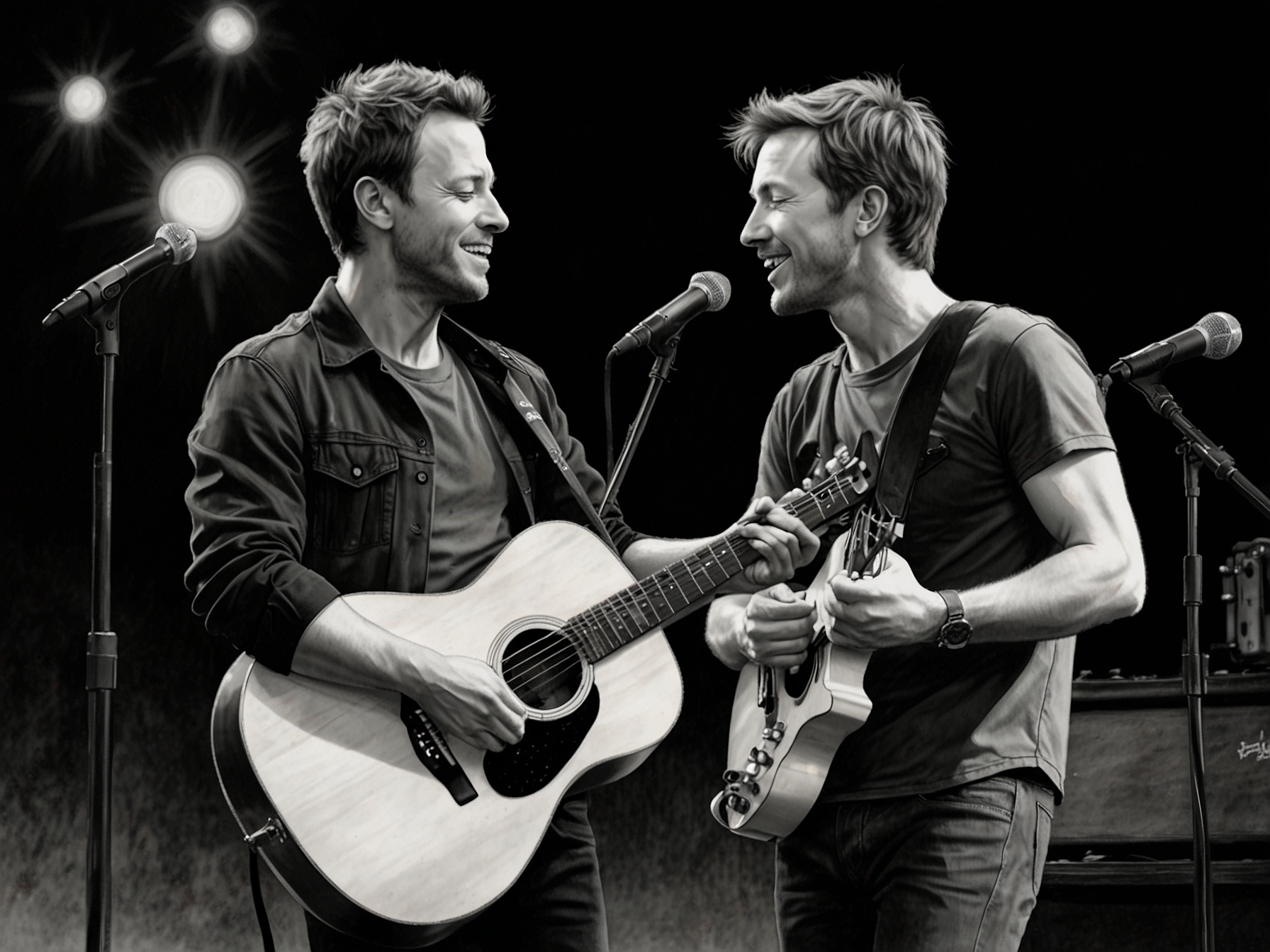 Chris Martin and Michael J. Fox share a heartfelt moment on stage during the performance of 'Fix You'. Martin is seen expressing admiration while Fox plays guitar, symbolizing resilience and connection.