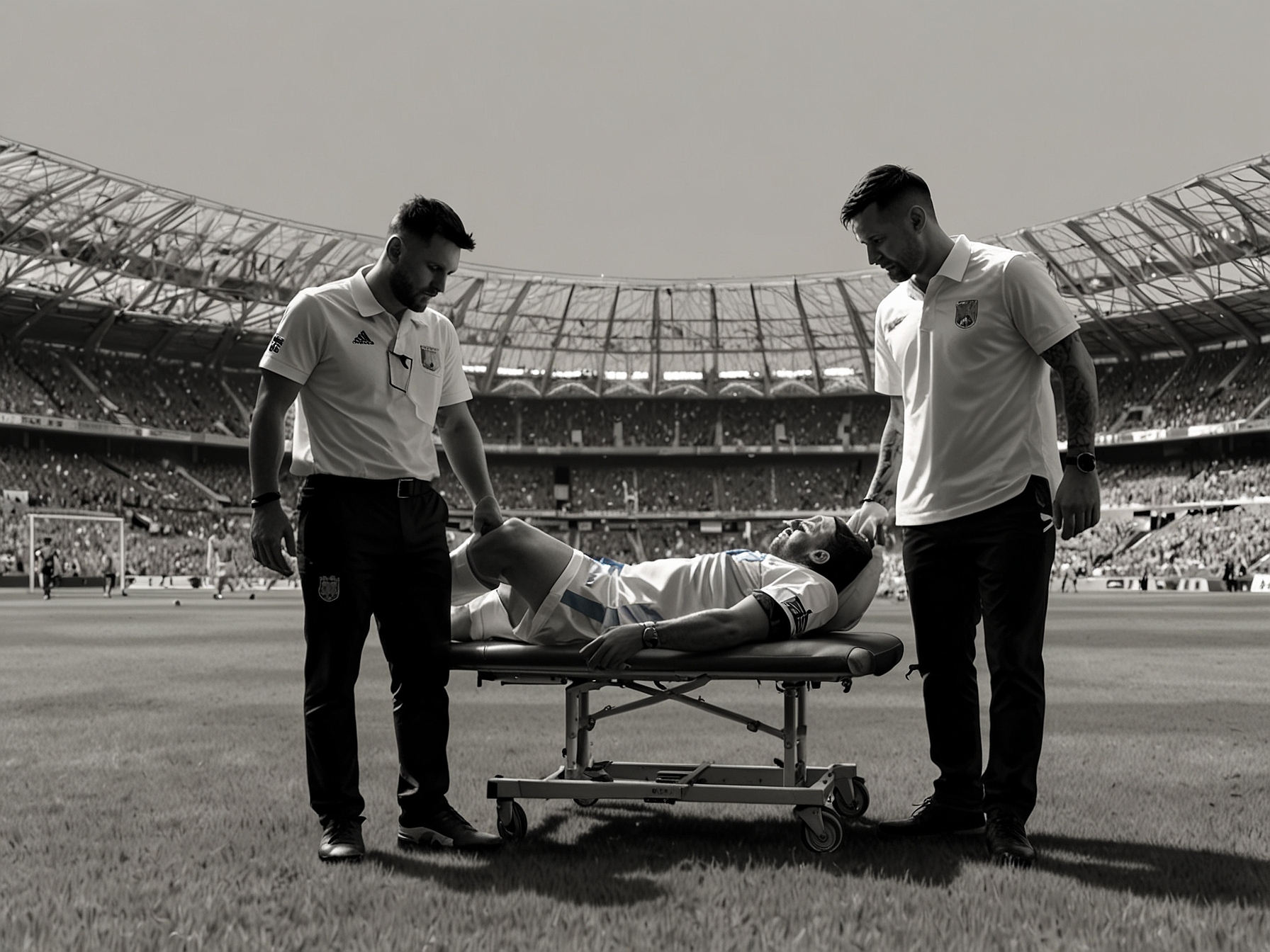 Image of Lionel Messi receiving medical treatment on the field during the match against Chile, illustrating the leg niggle that raised concerns about his fitness.