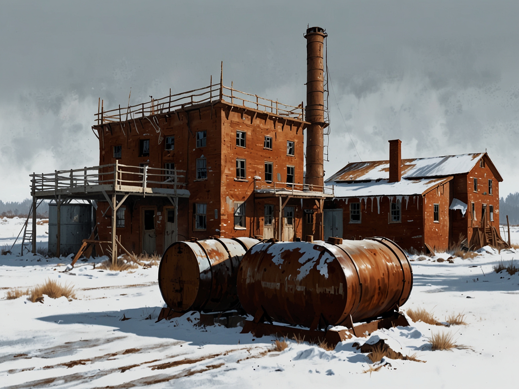 Image of Wilkes Station showing rusted fuel drums and decrepit buildings covered in ice and snow, highlighting the abandoned state and environmental peril.