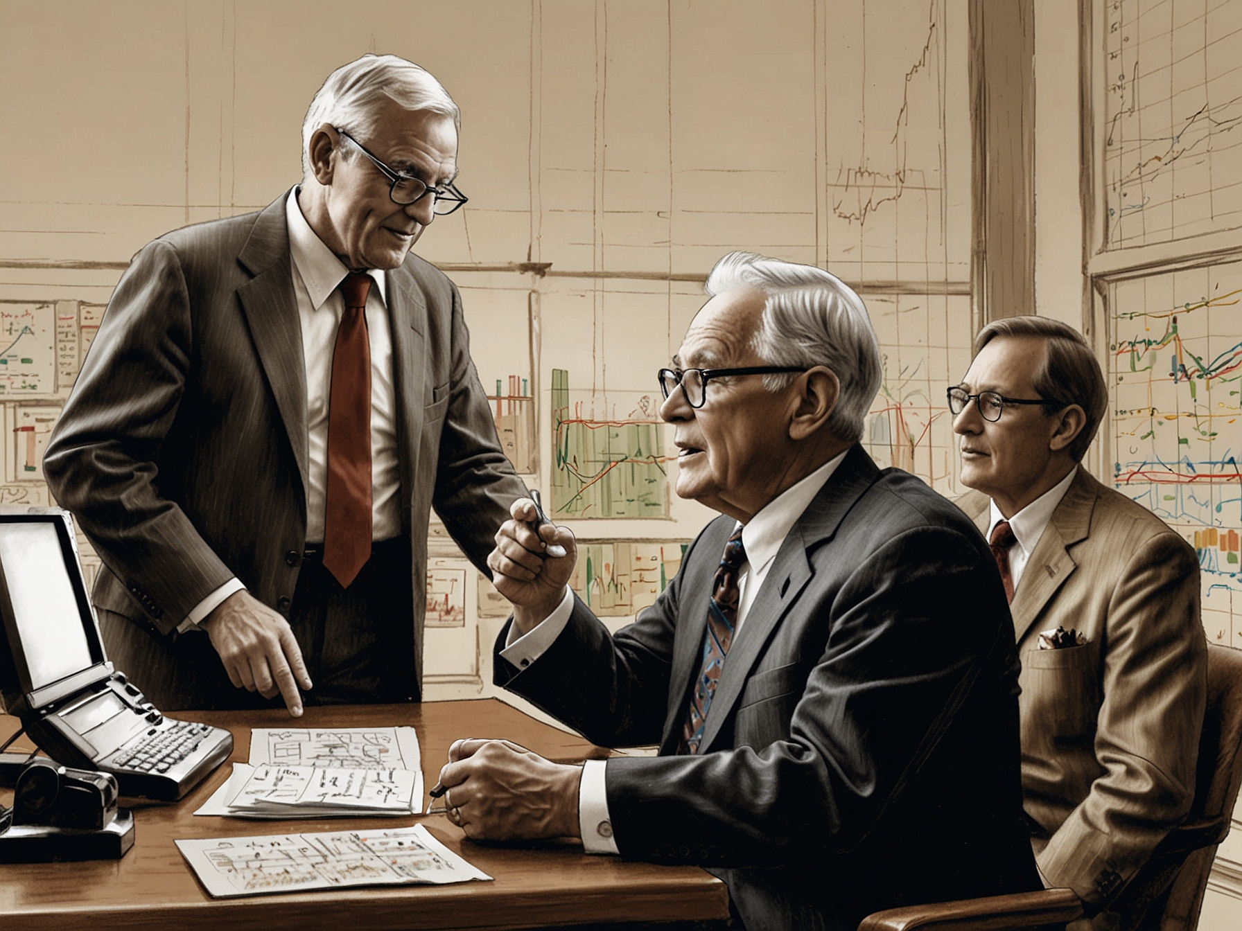 An illustration of a financial advisor explaining the potential of small-cap stocks within the Russell 2000 Index to older and younger generations, highlighting the concept of long-term investment.