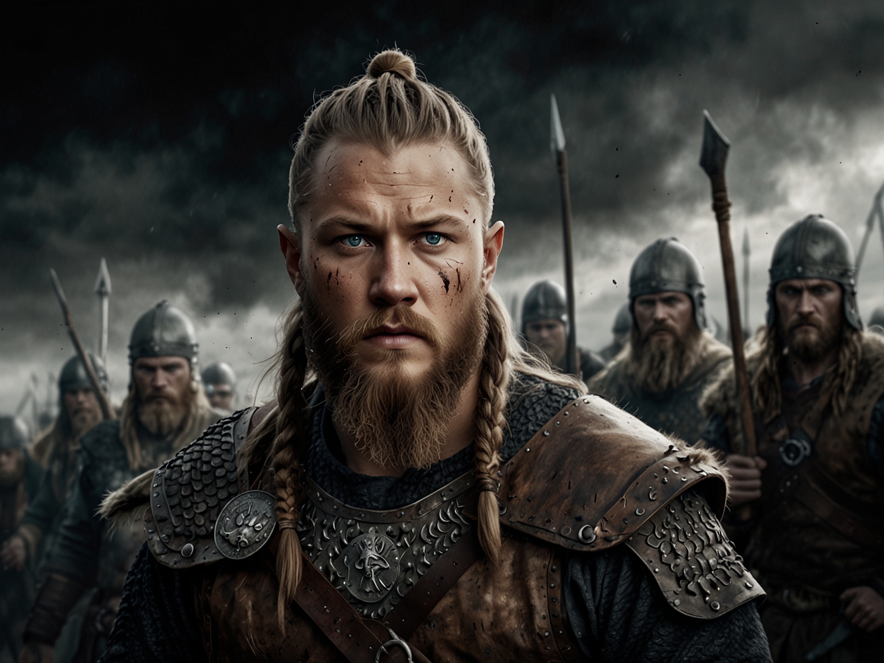 A high-definition image of Ragnar Lothbrok leading his Viking crew into battle, representing the intense and gritty storytelling of the 'Vikings' series.