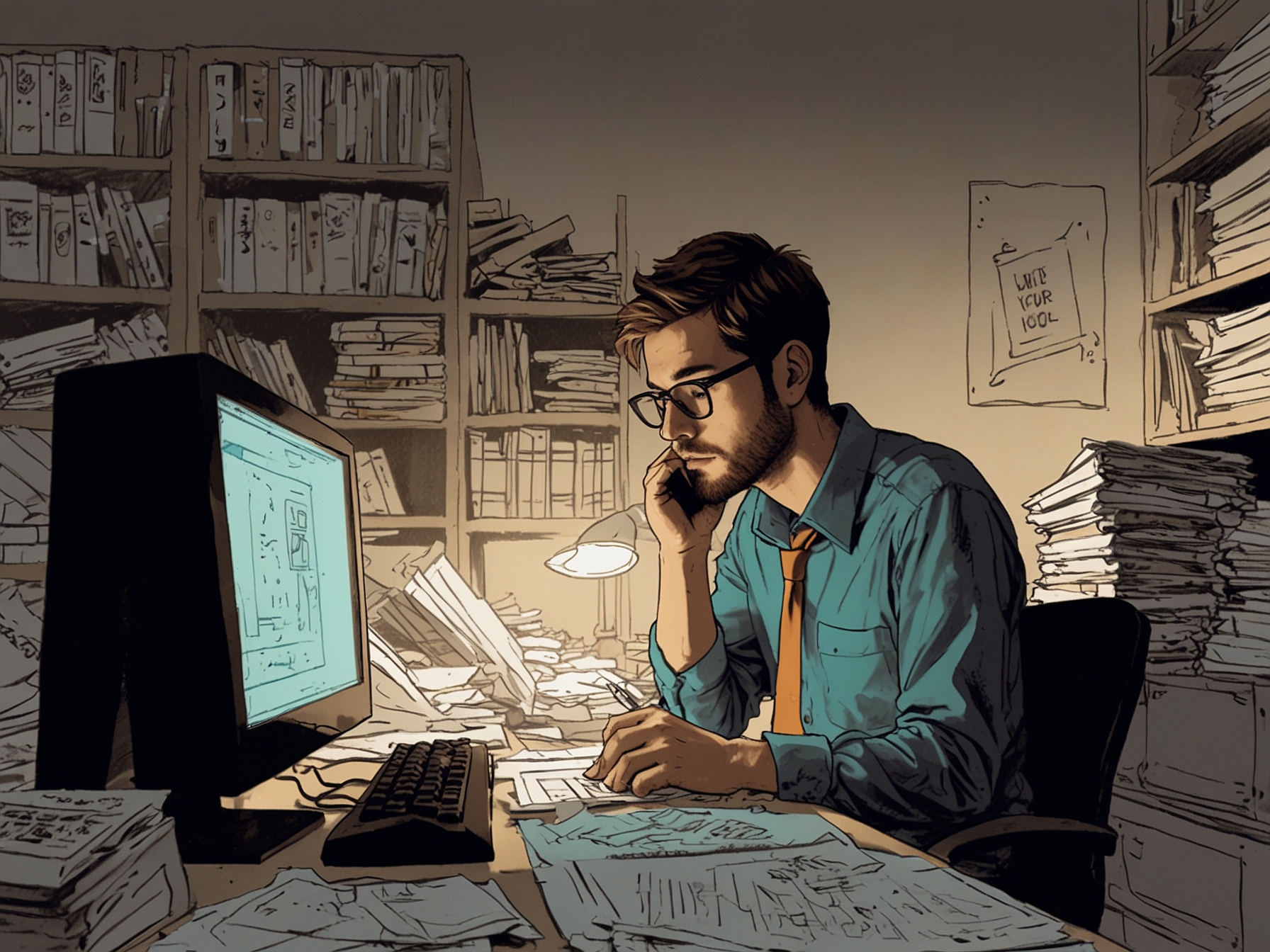 An illustration of a person engrossed in a high-stress work environment, surrounded by piles of paperwork and multiple computer screens, symbolizing the escape from emotional pain through relentless work.