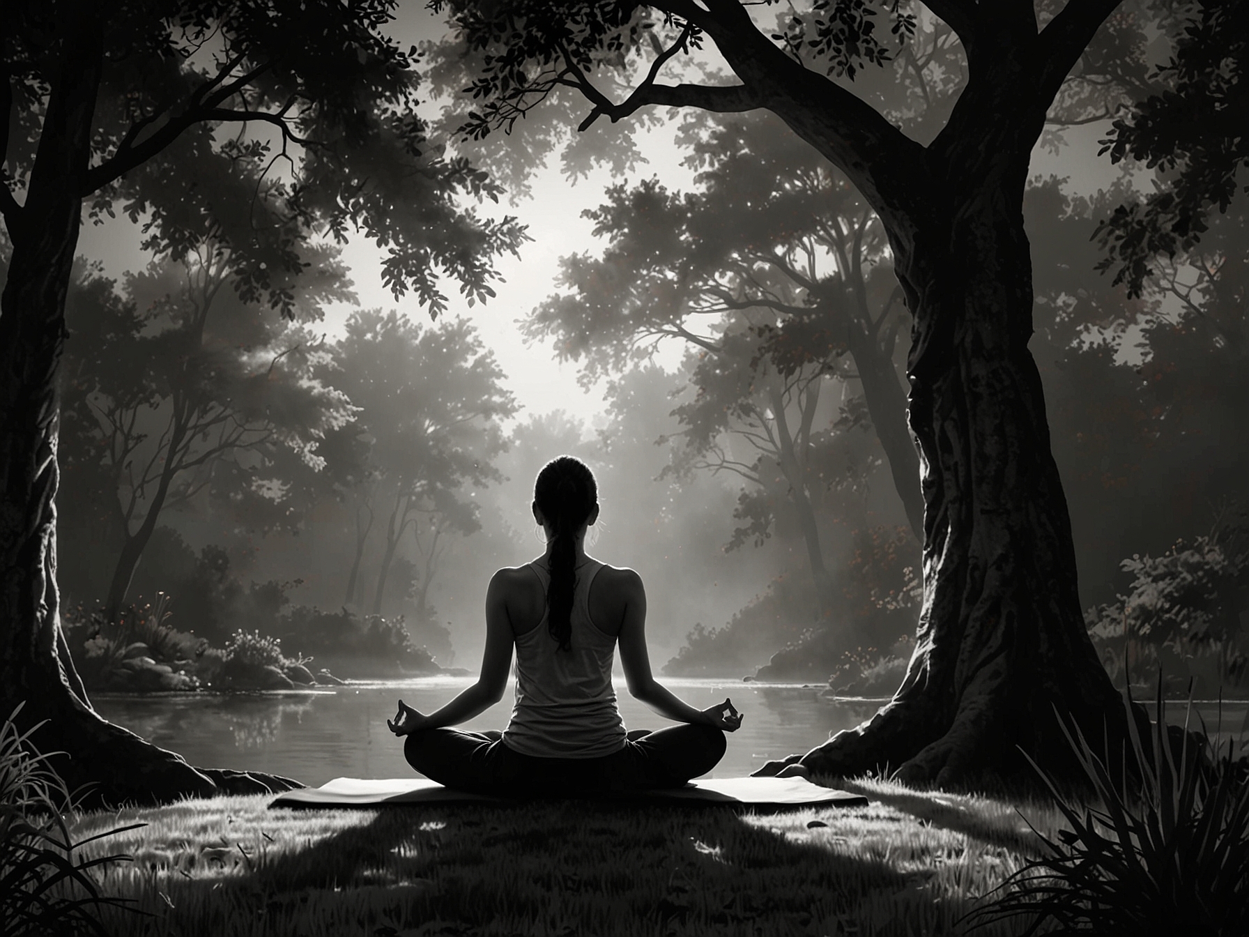 A contrasting image depicting the same person in a serene setting, engaging in therapy and practicing mindfulness activities like yoga, highlighting the journey towards healthier coping mechanisms and emotional healing.