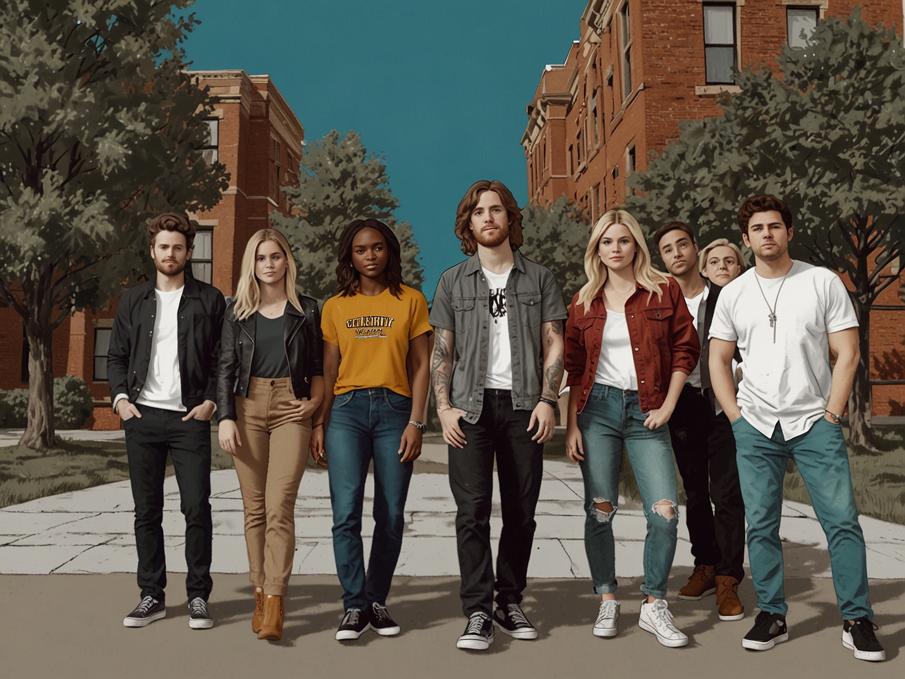 Eight celebrities experiencing campus life in College Hill: Celebrity Edition, a reality TV show blending luxury with the everyday challenges of college, filled with drama and entertainment.