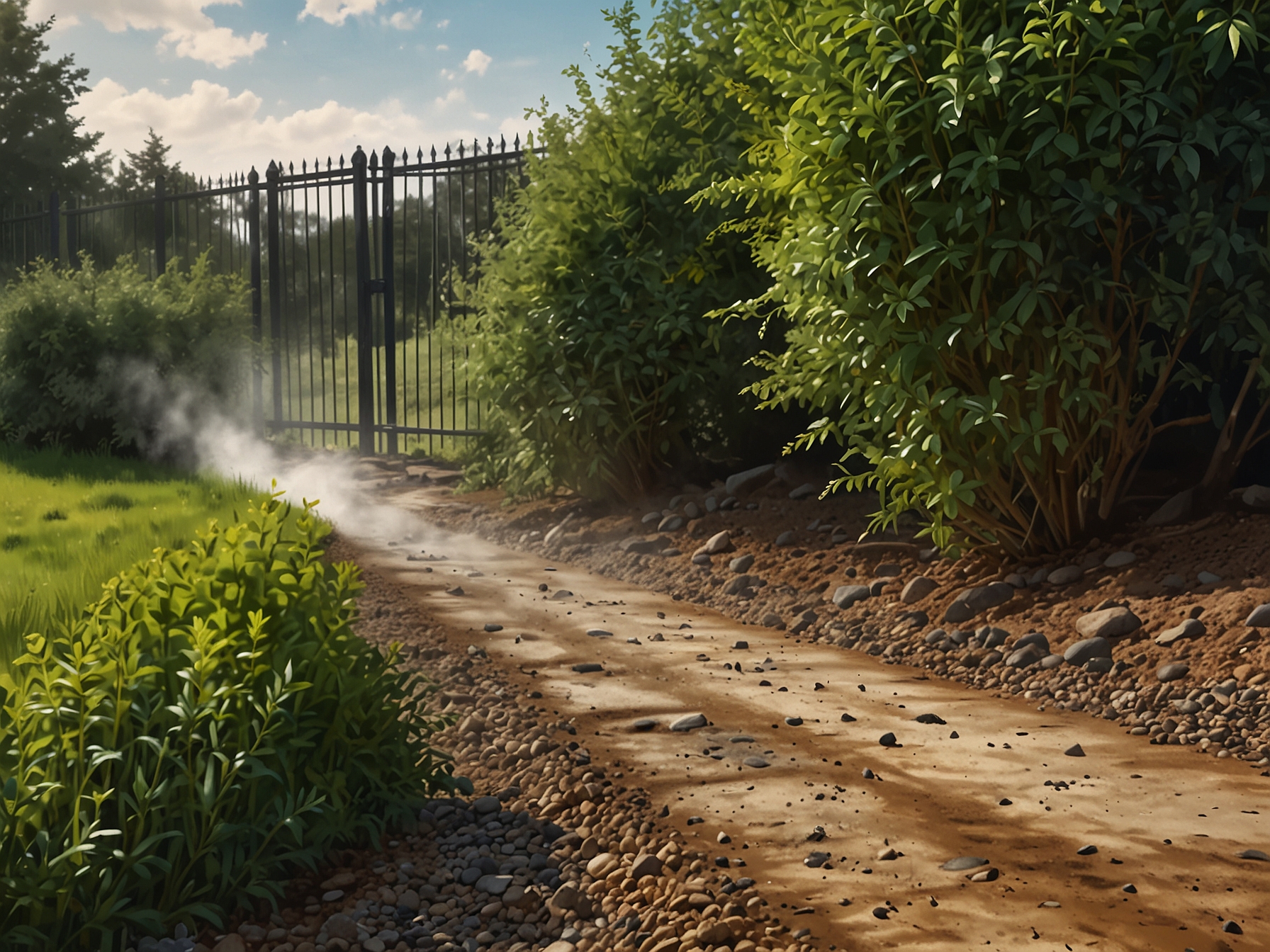 An image showing the application of boiling water on a gravel pathway to kill weeds, illustrating how this method effectively targets and eradicates unwanted plants.