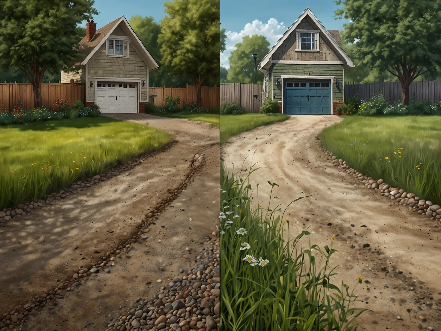 A before-and-after comparison of a gravel driveway with weeds and the same area after treating with boiling water, demonstrating the effectiveness in achieving a weed-free surface.