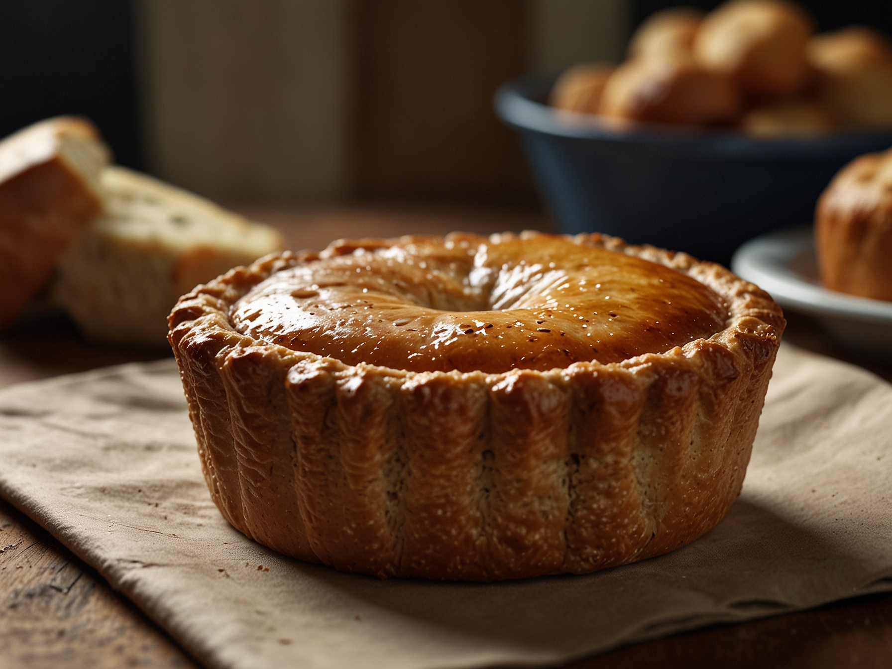 A close-up of a £2 pork pie, showcasing its golden-brown crust and generous, well-seasoned pork filling. Perfectly portioned and ready for a picnic basket.