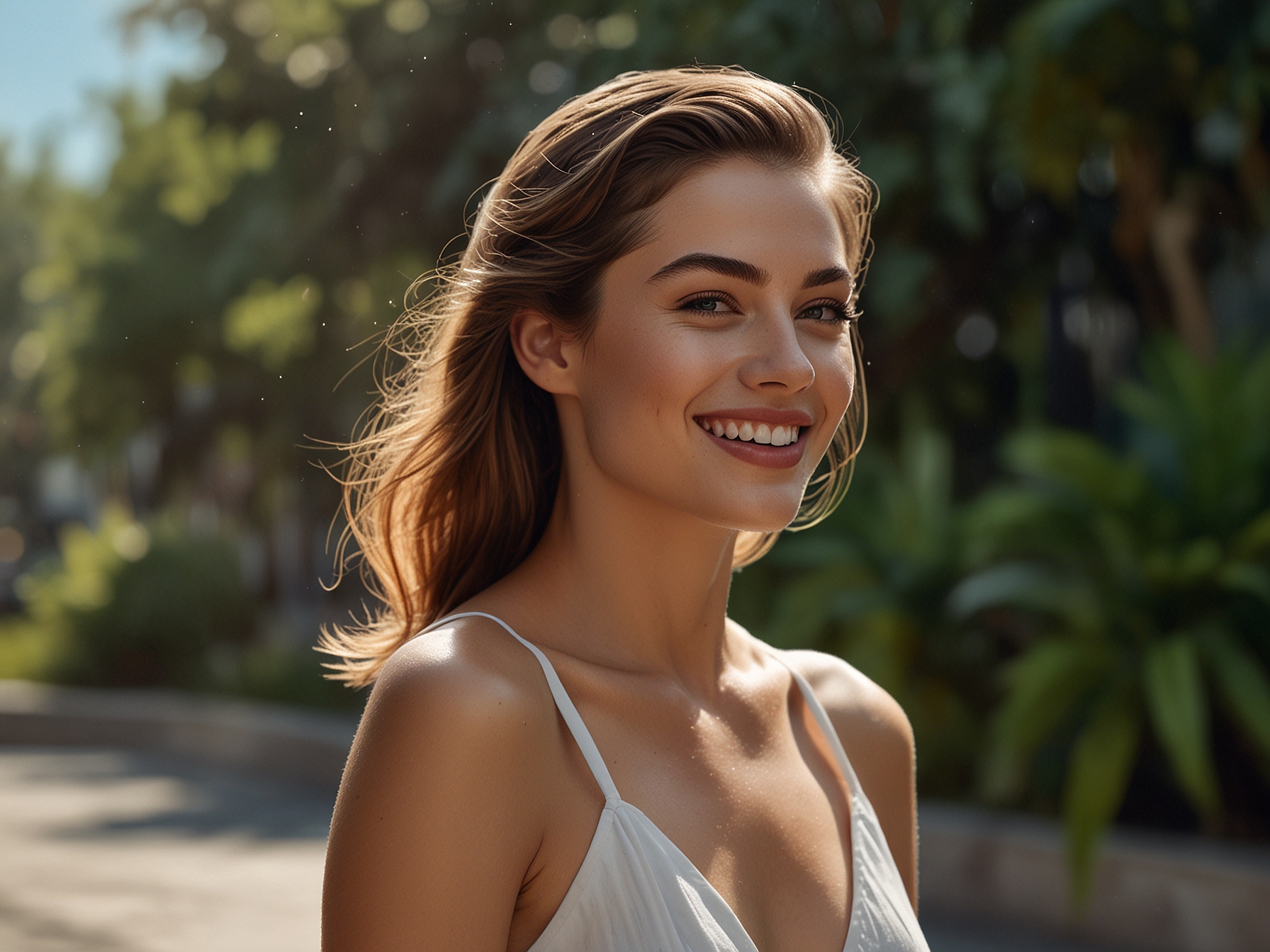 A model with perfect, sleek hair smiles confidently in a humid outdoor setting, showcasing the effectiveness of using anti-humidity hairspray for maintaining stylish hairstyles despite the weather.