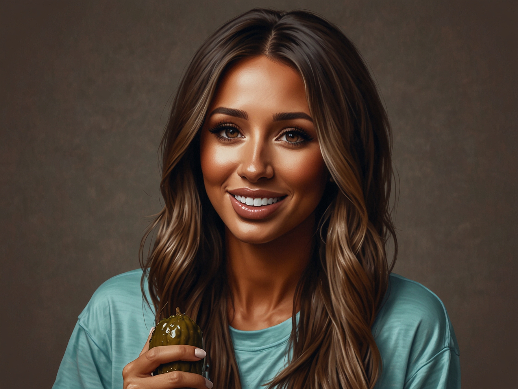 Megan McKenna holding a pickle dipped in chocolate sauce, sharing her bizarre pregnancy craving with a playful expression on her Instagram video.