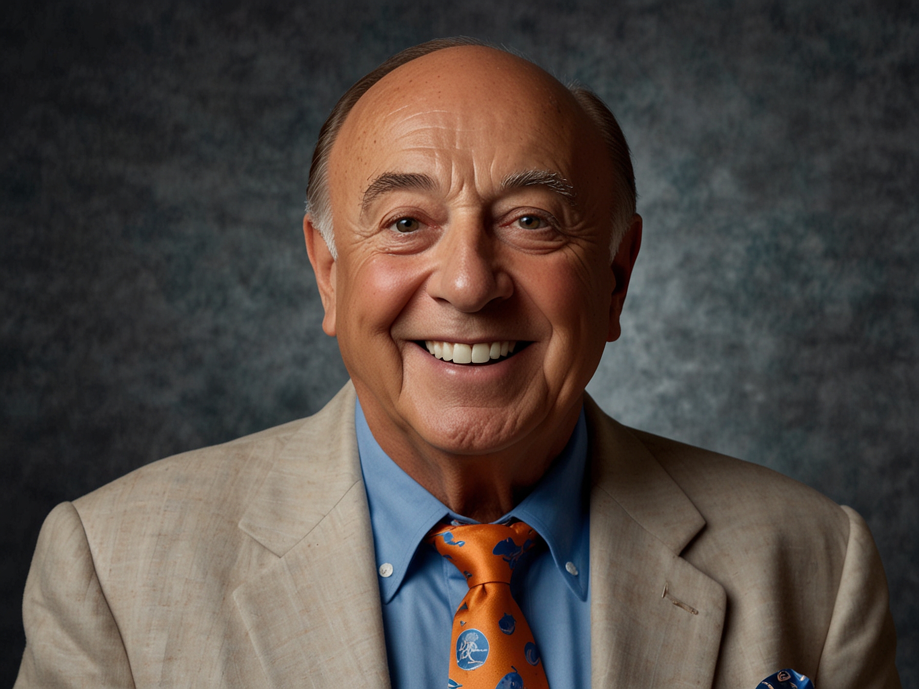 Dick Vitale, affectionately known as 'Dickie V,' poses with a vivid smile, exuding his trademark enthusiasm and passion for college basketball, in front of an ESPN backdrop.