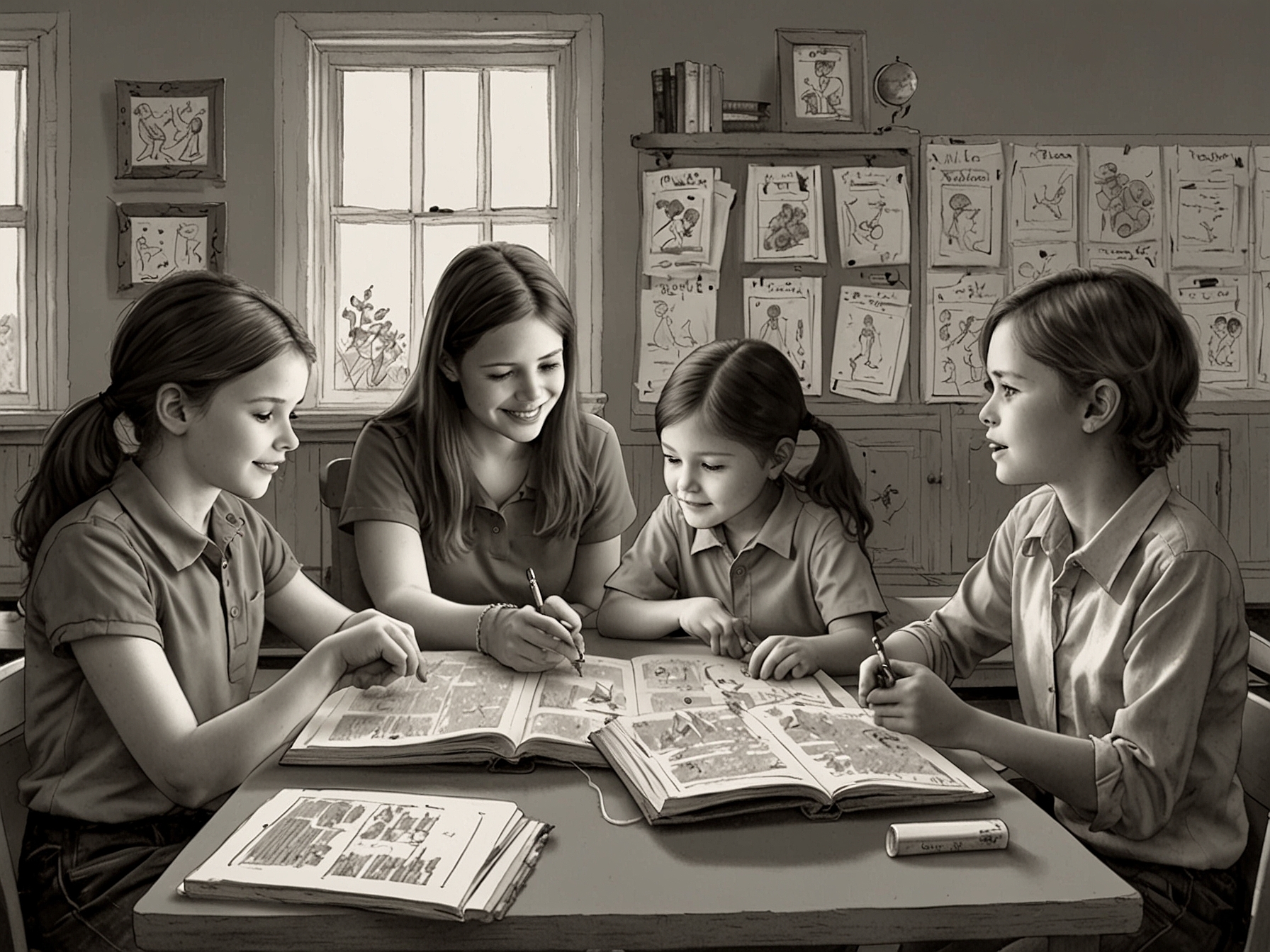 A classroom scene with children engaging in various activities like reading, solving puzzles, and participating in group discussions, illustrating the holistic approach to education.