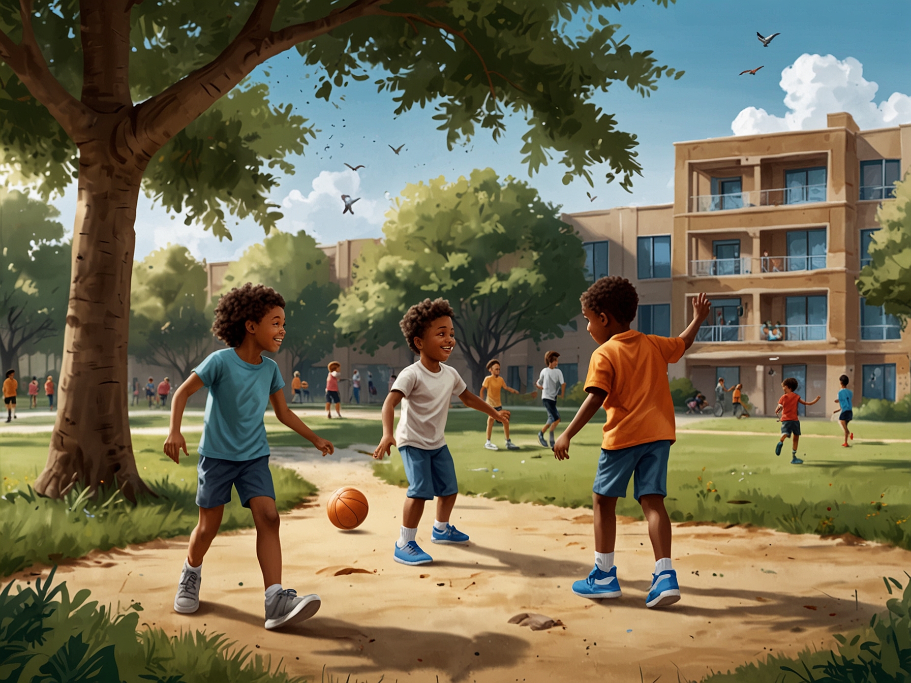 An outdoor setting where children are playing sports, drawing, and interacting with peers, emphasizing physical health, creativity, and social skills in the holistic development of children.