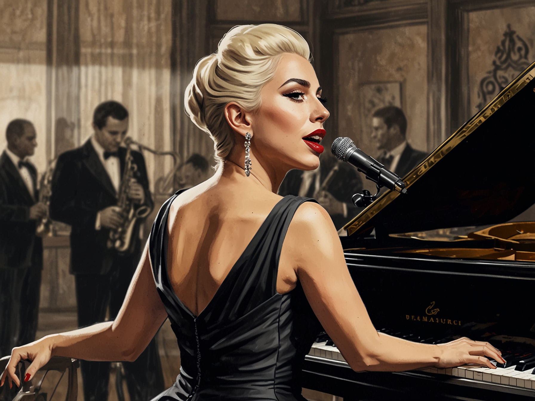 A close-up of Lady Gaga, elegantly dressed in a vintage-inspired gown, passionately performing a jazz standard. The intimate setting adds to the nostalgic ambiance of the 'Jazz + Piano' residency.
