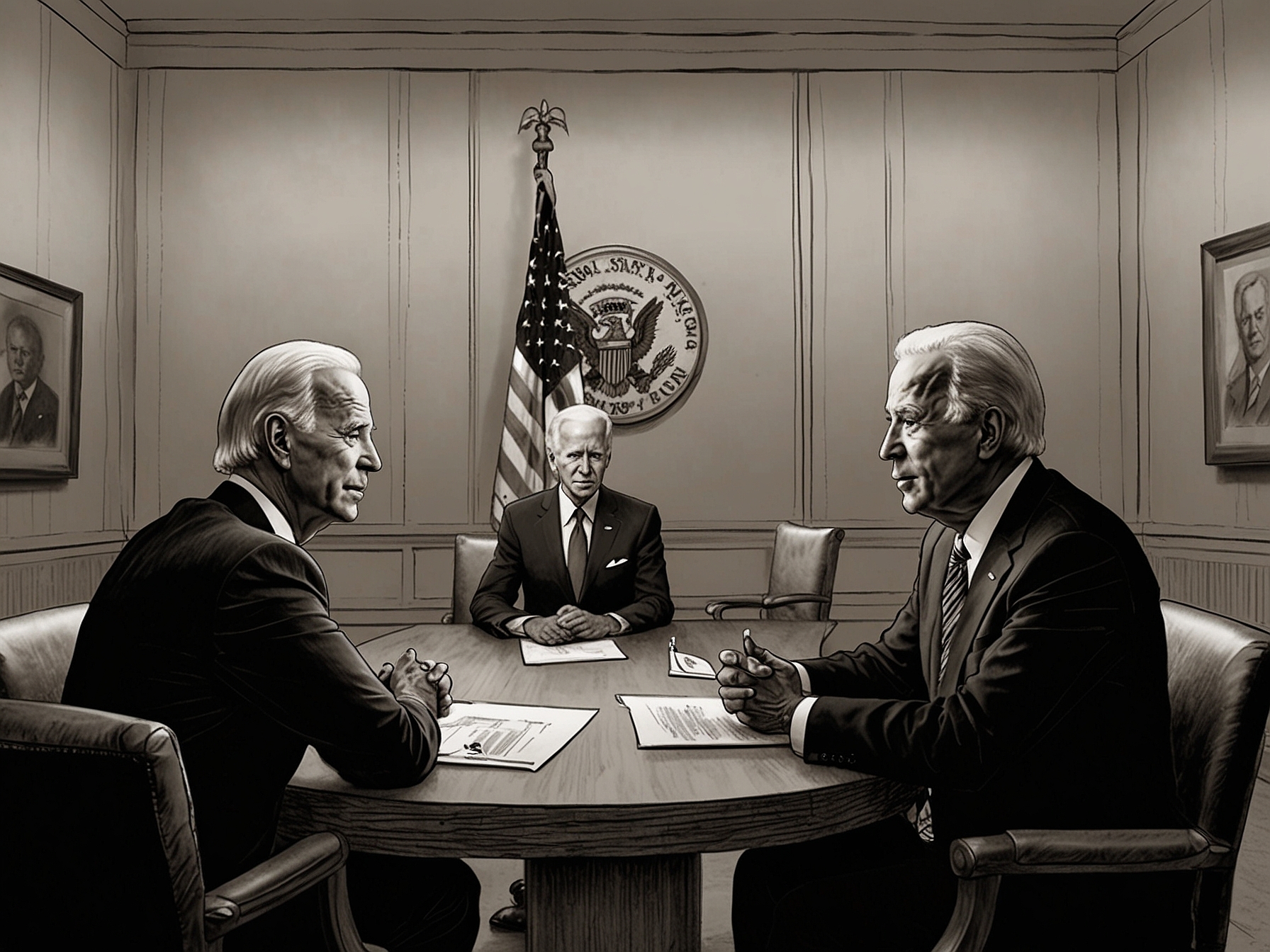 Democratic leaders in a meeting room, deliberating over Biden's potential replacement and strategizing for the 2024 presidential election, amidst rising concerns about his candidacy.