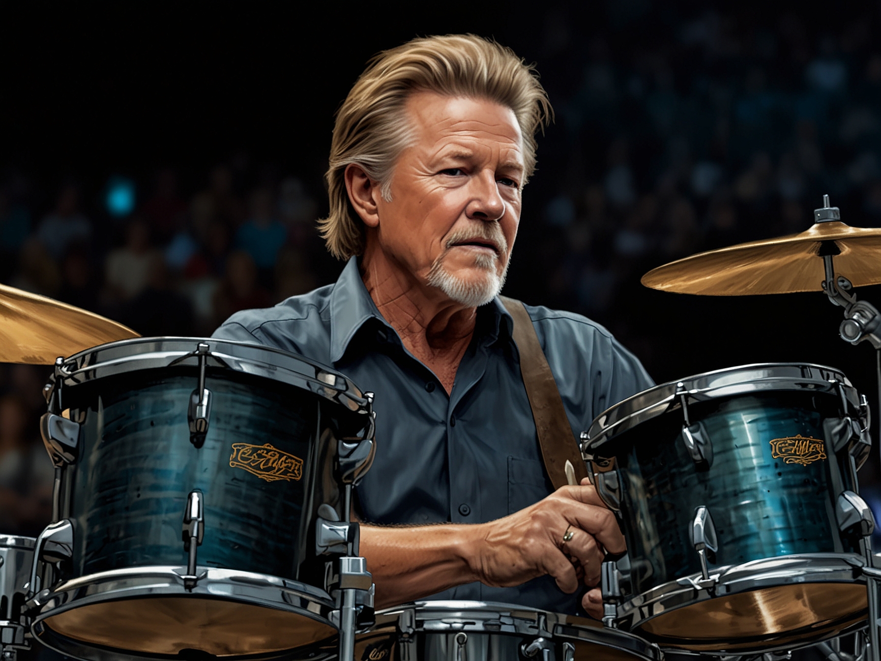 An image showing Don Henley passionately playing the drums during a live Eagles concert, symbolizing his deep connection and contribution to the band's legendary status.