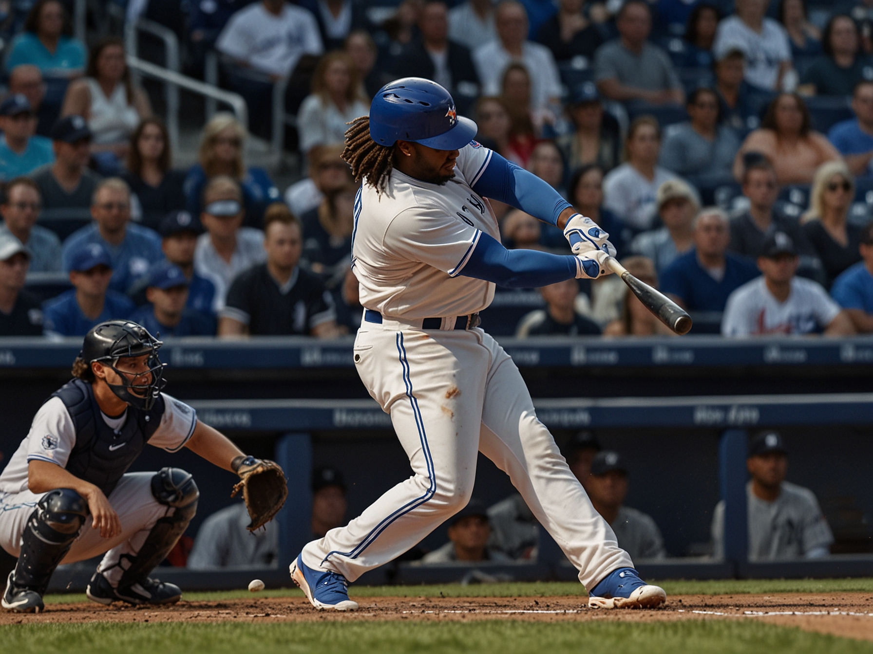 Vladimir Guerrero Jr. swinging powerfully at the plate during the Toronto Blue Jays vs. New York Yankees game, where he achieved six RBIs, igniting the offense in their 9-3 victory.