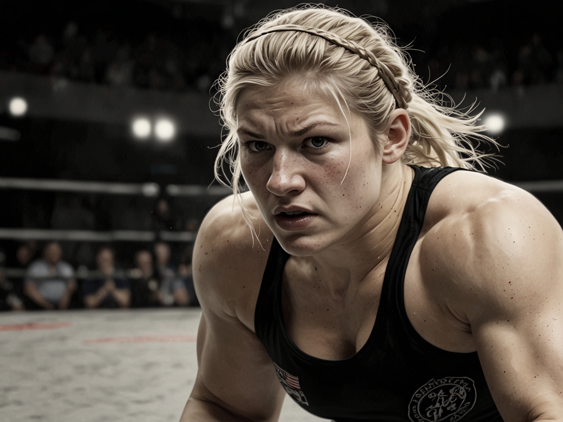 Kayla Harrison in action during an MMA fight, showcasing her grappling expertise and dominance in the ring as she aims for a championship title shot.