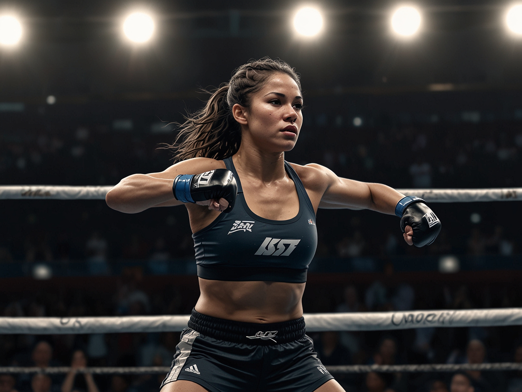 Ailin Perez performing her signature post-victory dance move in the ring, highlighting her charismatic showmanship and rising visibility in the MMA scene.