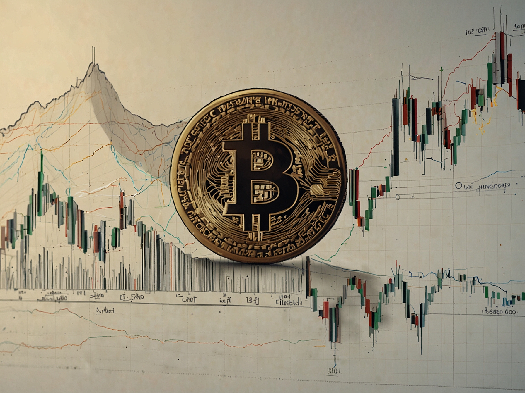 A fluctuating Bitcoin price chart showcasing the cryptocurrency's volatility and Thiel's cautious outlook in the backdrop of evolving regulatory landscapes.
