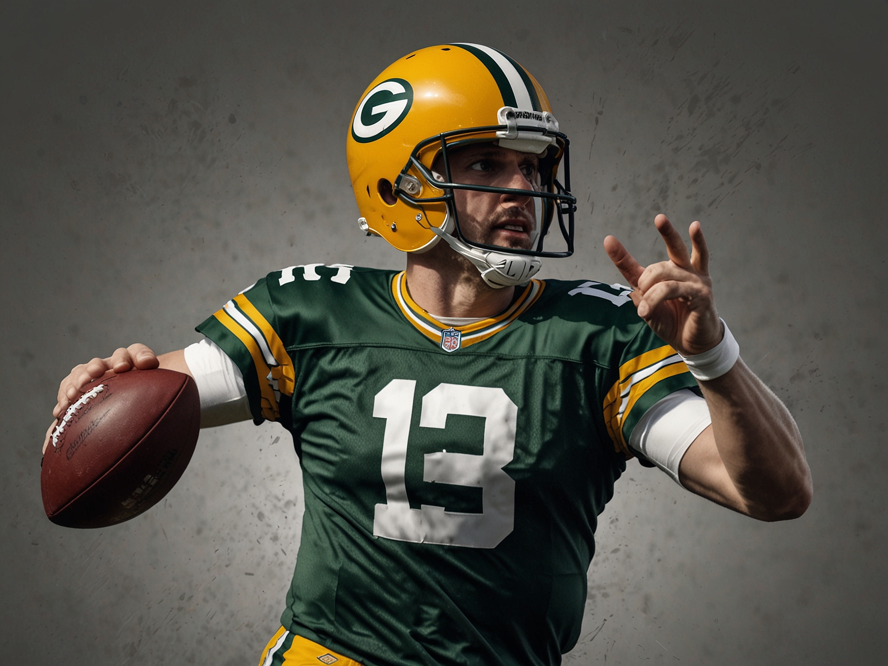 An illustration of the Packers' quarterback making a precise throw during a crucial game, showcasing his leadership and decision-making abilities on the field.