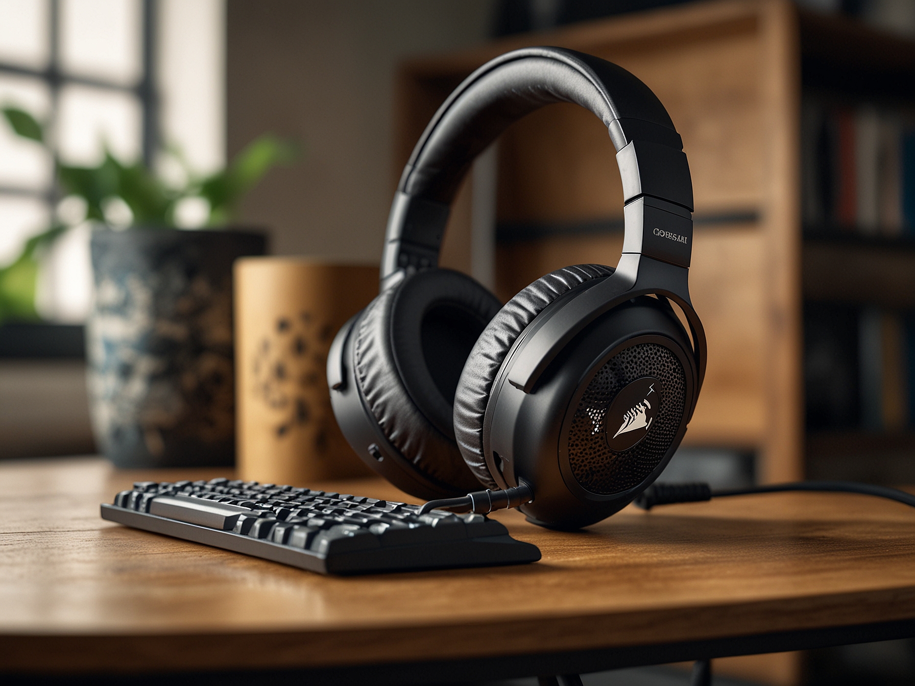 The Corsair HS35 V2 in action, connected to a gaming console, highlighting its compatibility with multiple platforms and the easy-to-access inline controls for quick sound adjustments.