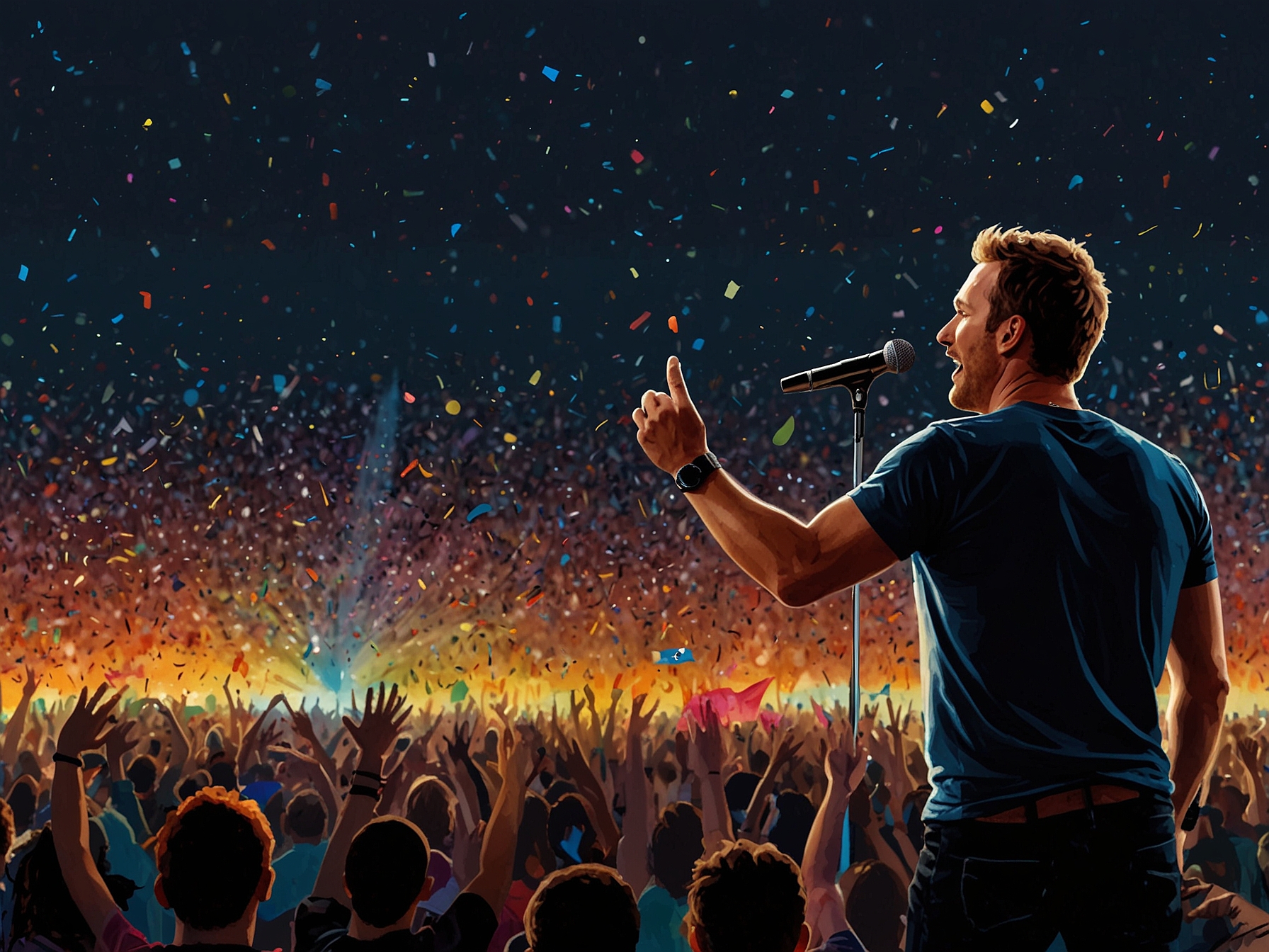 Coldplay's Chris Martin passionately performs on the Pyramid Stage at Glastonbury 2024, engaging with the 100,000-strong audience under a sky full of lights and confetti.