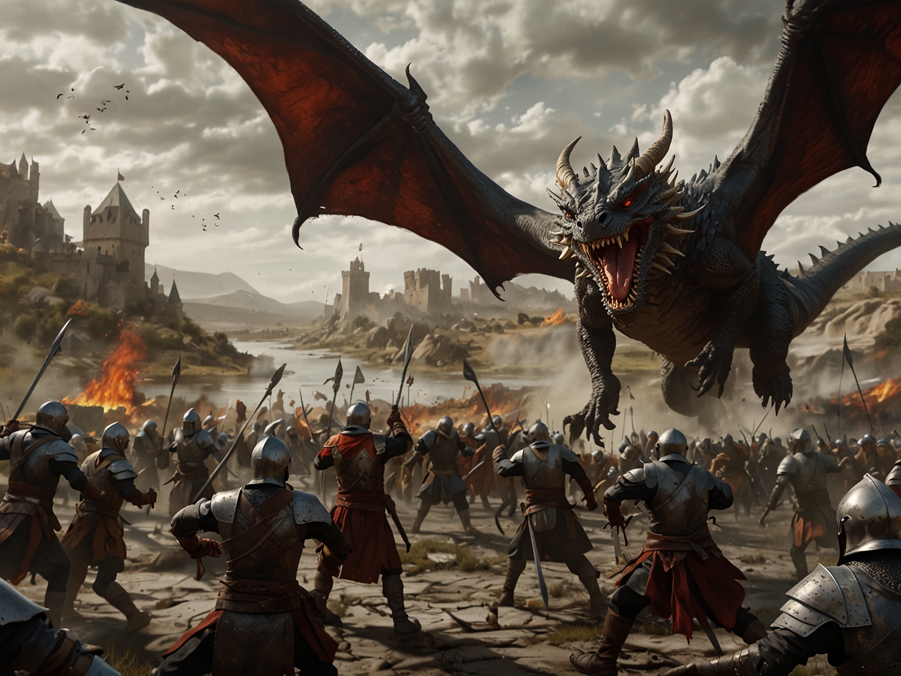 A vivid depiction of the Dance of the Dragons battle in the Riverlands, highlighting the intense combat, burning fields, and the involvement of various noble houses like the Tullys and the Blackwoods.