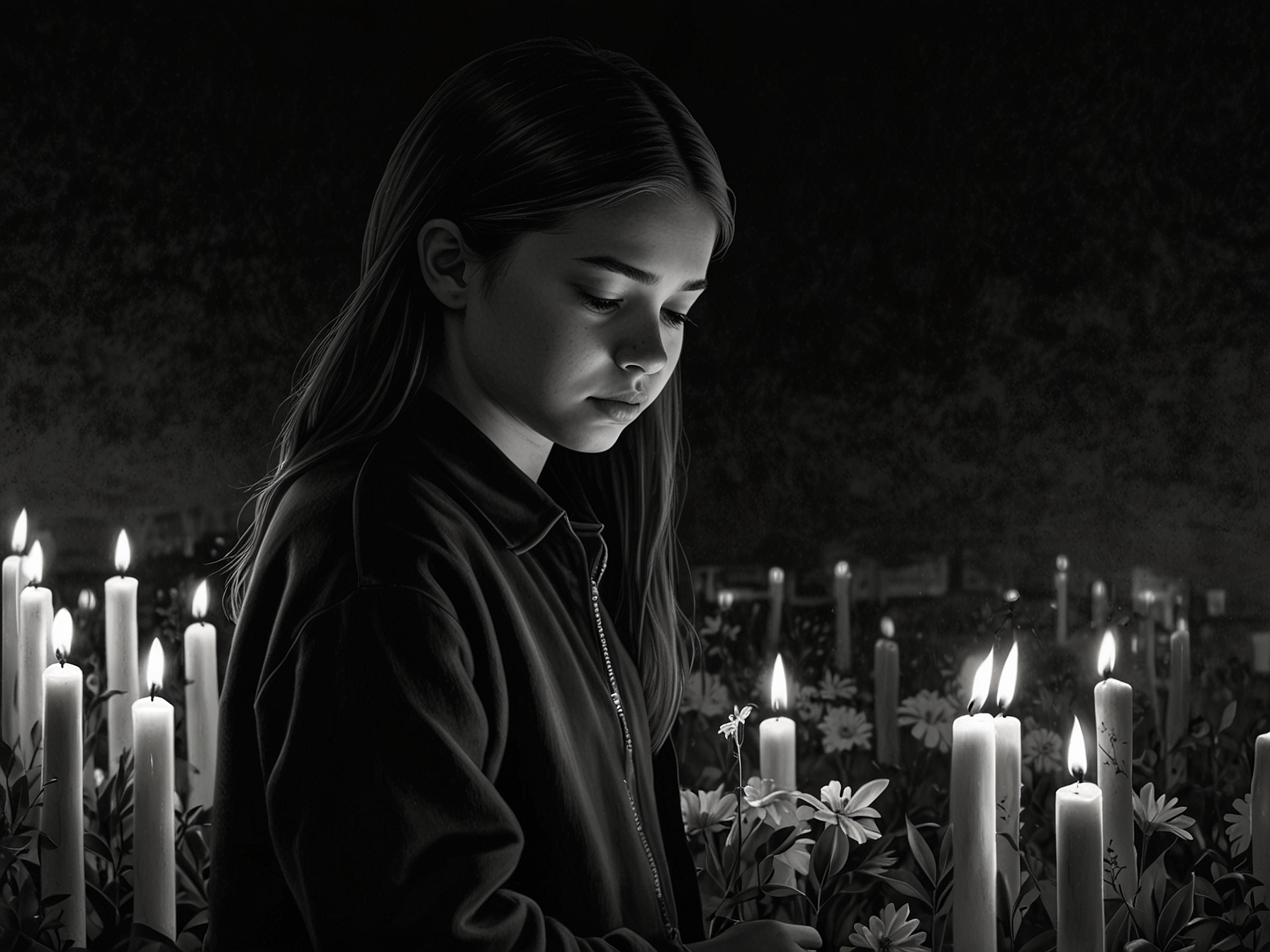 A somber image of Jocelyn Nungaray, a 12-year-old girl whose tragic death touched many, accompanied by candles and flowers placed in her memory, reflecting the immense sorrow felt by her community.
