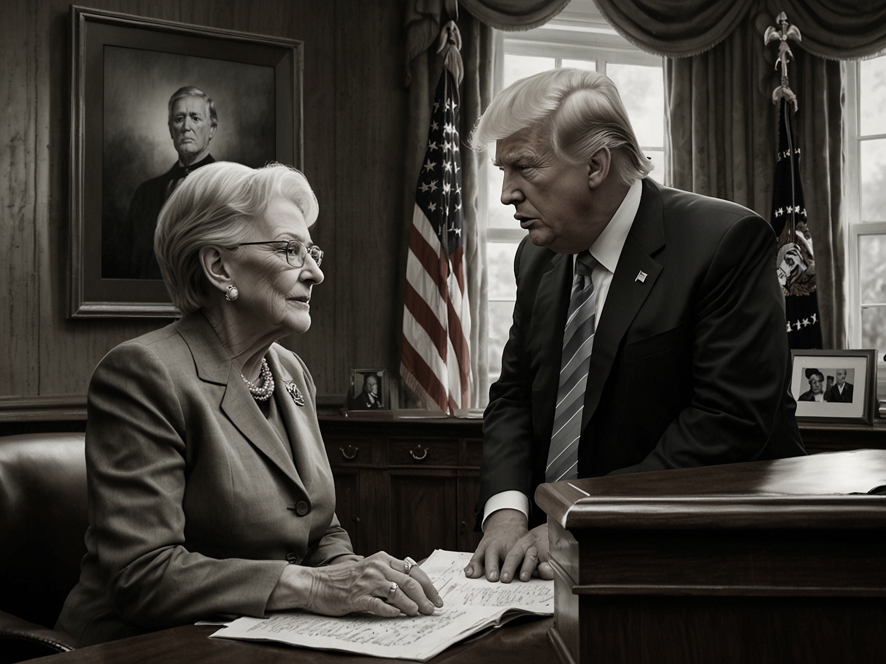 An illustration of a phone call scene between Donald Trump and Jocelyn's mother, capturing Trump's empathy and the emotional impact of the conversation amidst the contentious debate on immigration policies.