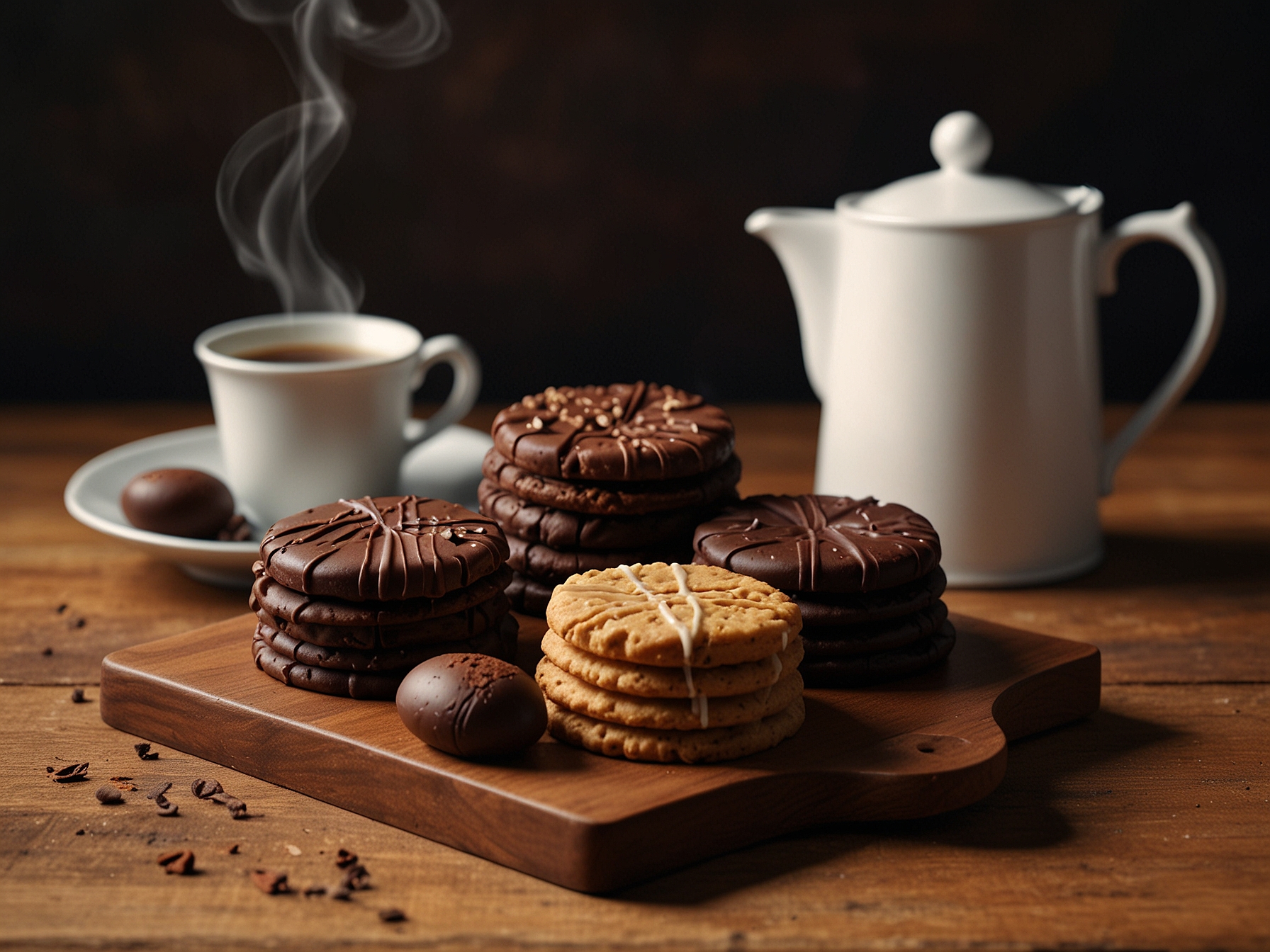 An array of luxury chocolate biscuits, including the recently downsized Choco Leibniz pack and other contenders, arranged on a wooden platter next to a steaming cup of tea.