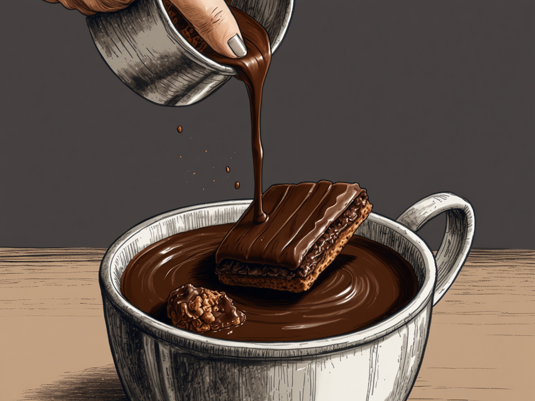 Close-up of supermarket own-label luxury chocolate biscuits being dunked into a cup of coffee, highlighting their durability and rich chocolate coating.