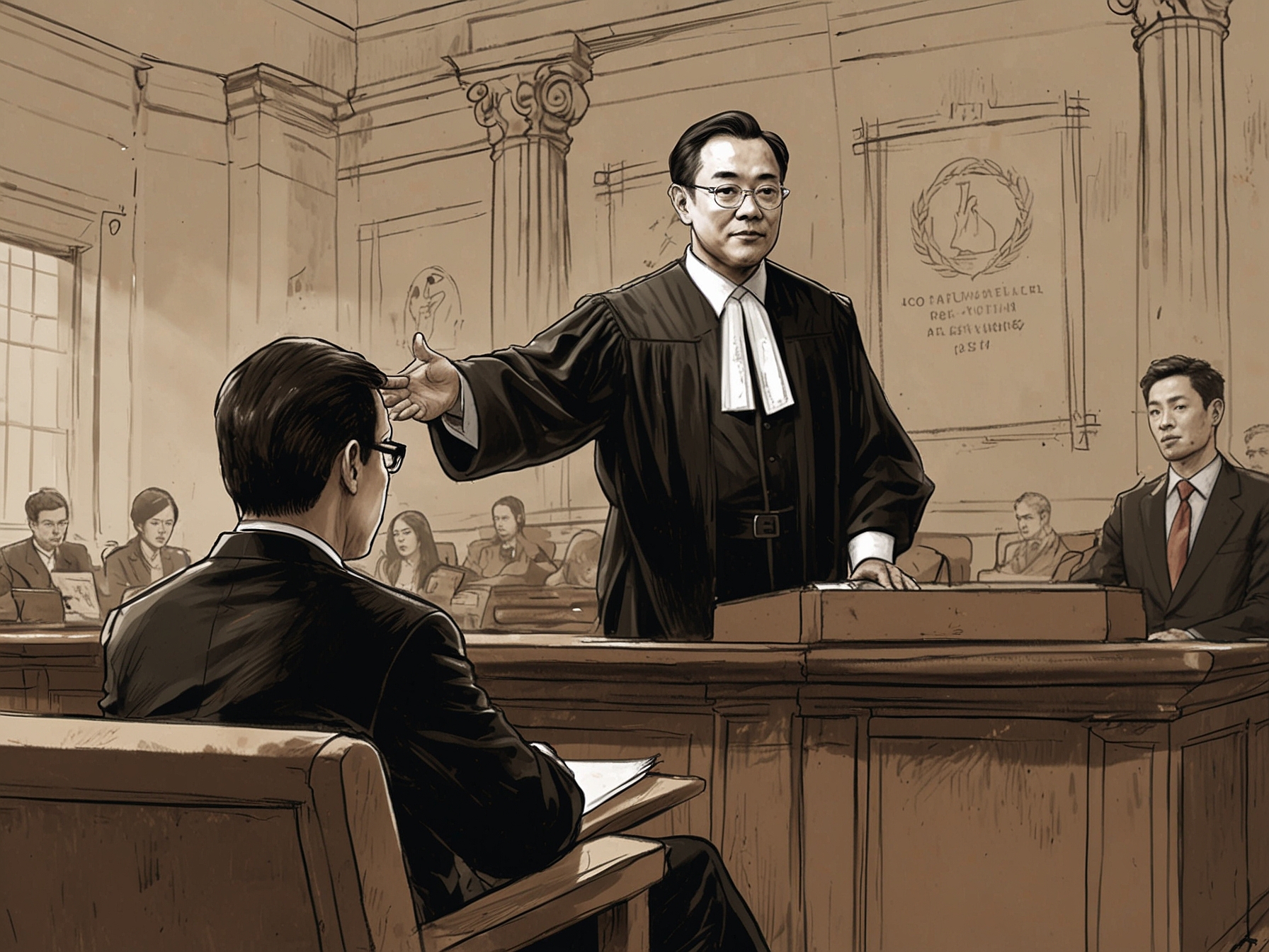 A courtroom sketch showing a judge delivering a ruling, with representations of Binance's logo and Changpeng Zhao, indicating the significant legal battle faced by the crypto giant.