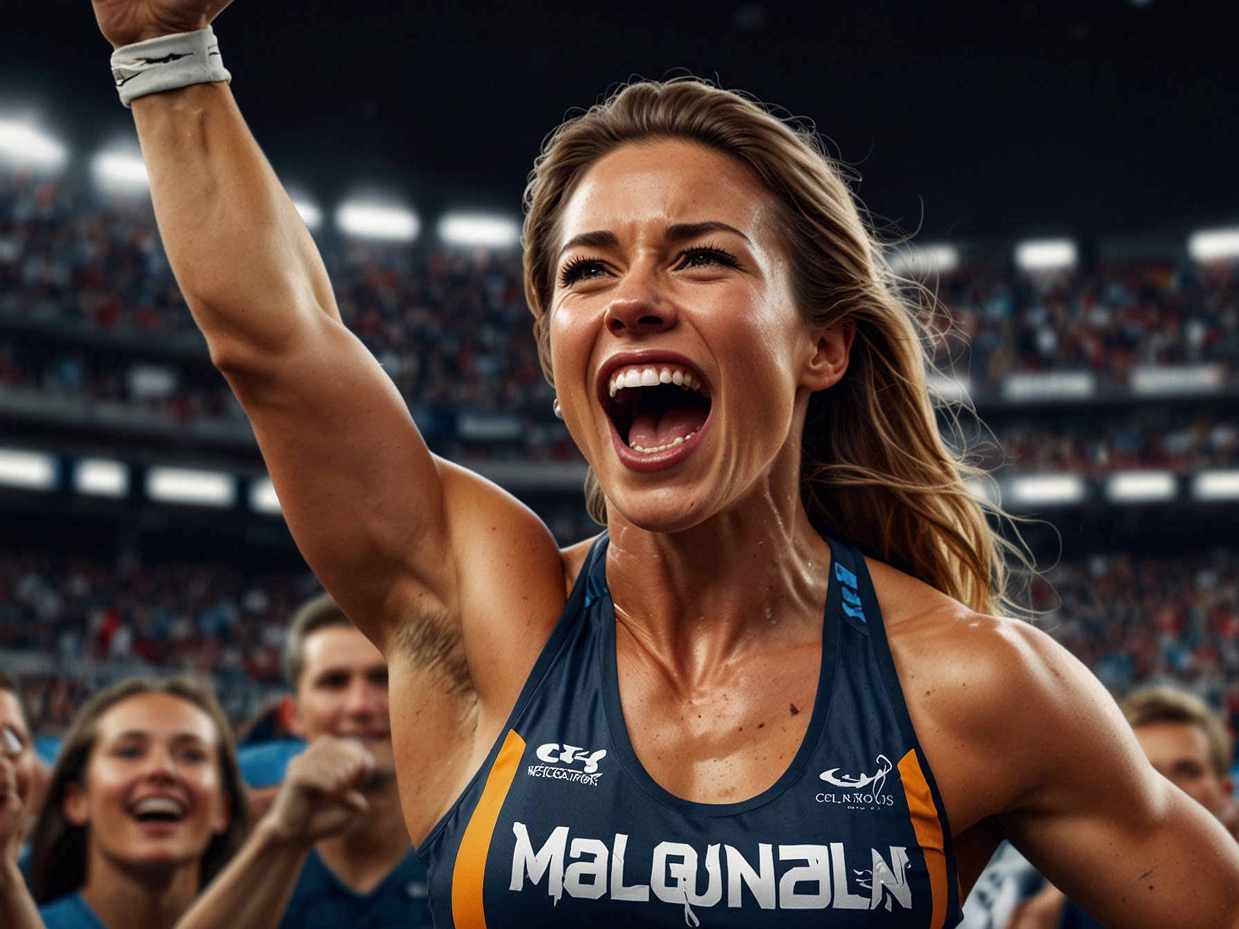 McLaughlin-Levrone celebrating her victory and new world record with fans and teammates. Her determined expression and the backdrop of the stadium highlight the significance of her achievement.