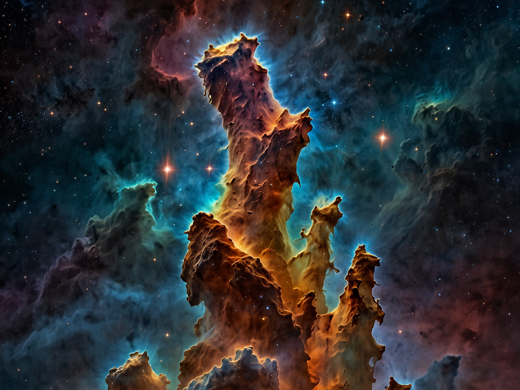A 3D render of the 'Pillars of Creation' showcasing the towering columns of gas and dust, highlighting the intricate details and textures visible in the nebula through cutting-edge technology.
