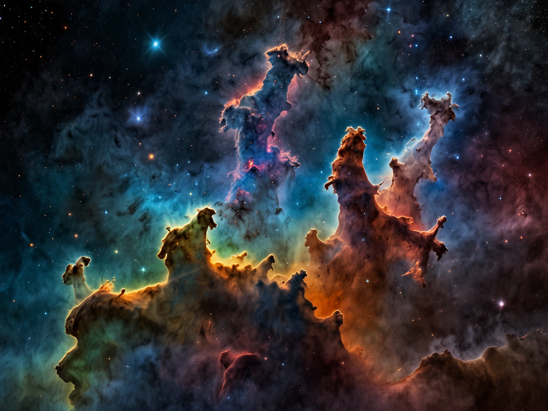 Visualization of star formation within the 'Pillars of Creation' using multi-wavelength data, depicting the interplay of gas, dust, and emerging stars in the renowned star-forming region.
