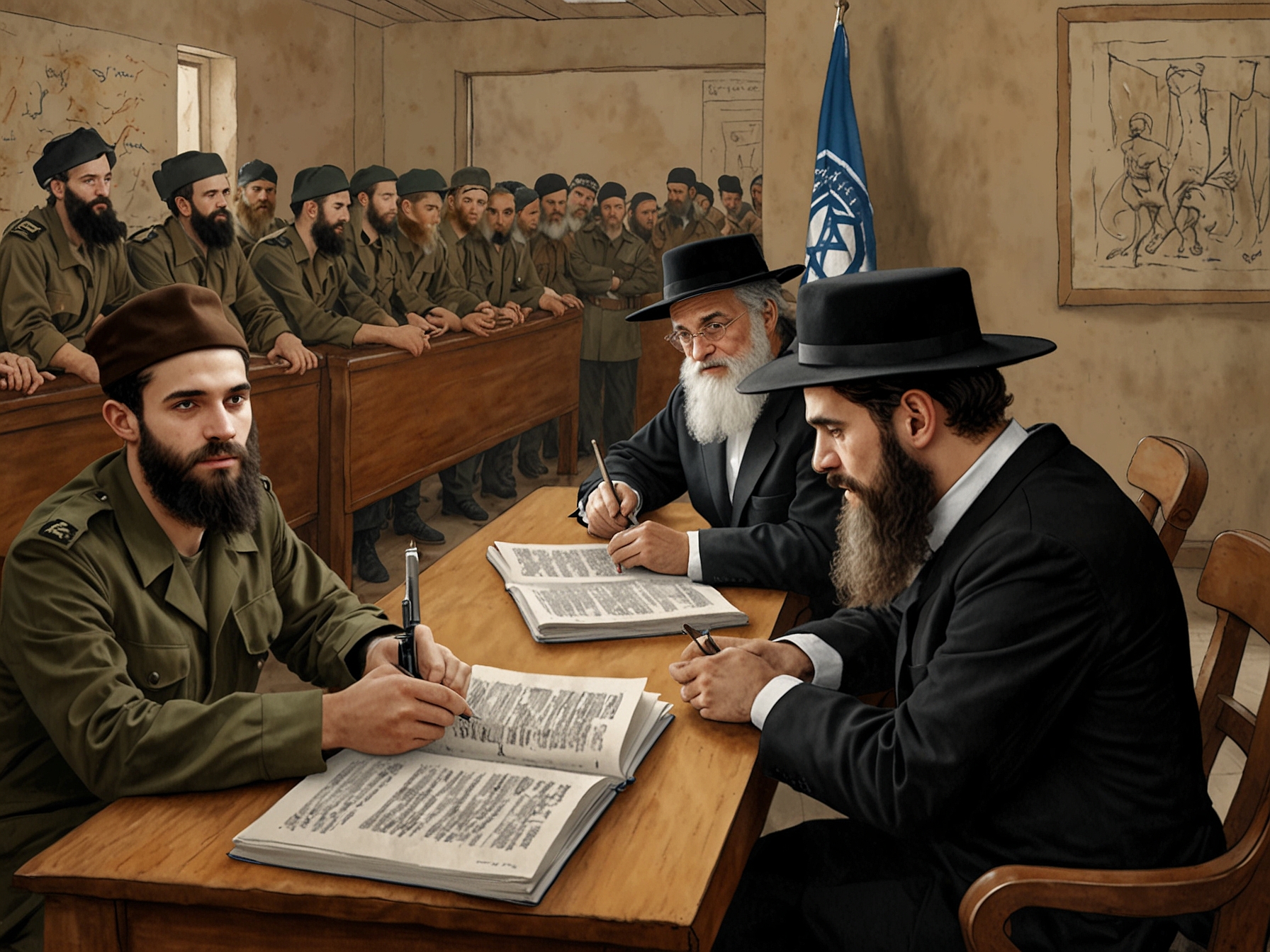 A graphic illustrating a split between Haredi Jews engrossed in Torah study on one side and IDF soldiers on the other, symbolizing the ideological divide on military service.