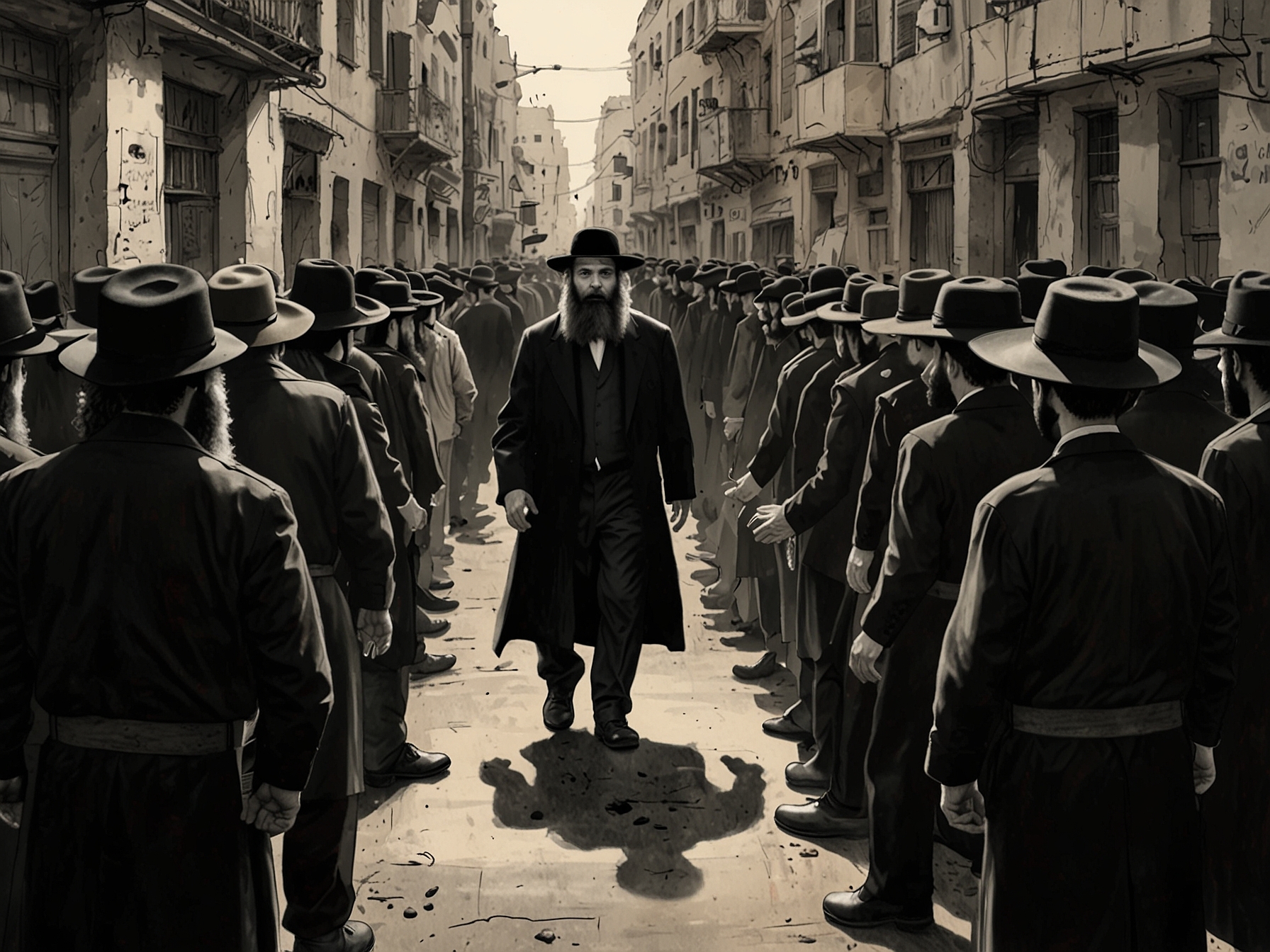 A scene from a protest featuring Haredi men demonstrating against conscription laws, highlighting the tension between religious freedom and national duty in Israeli society.