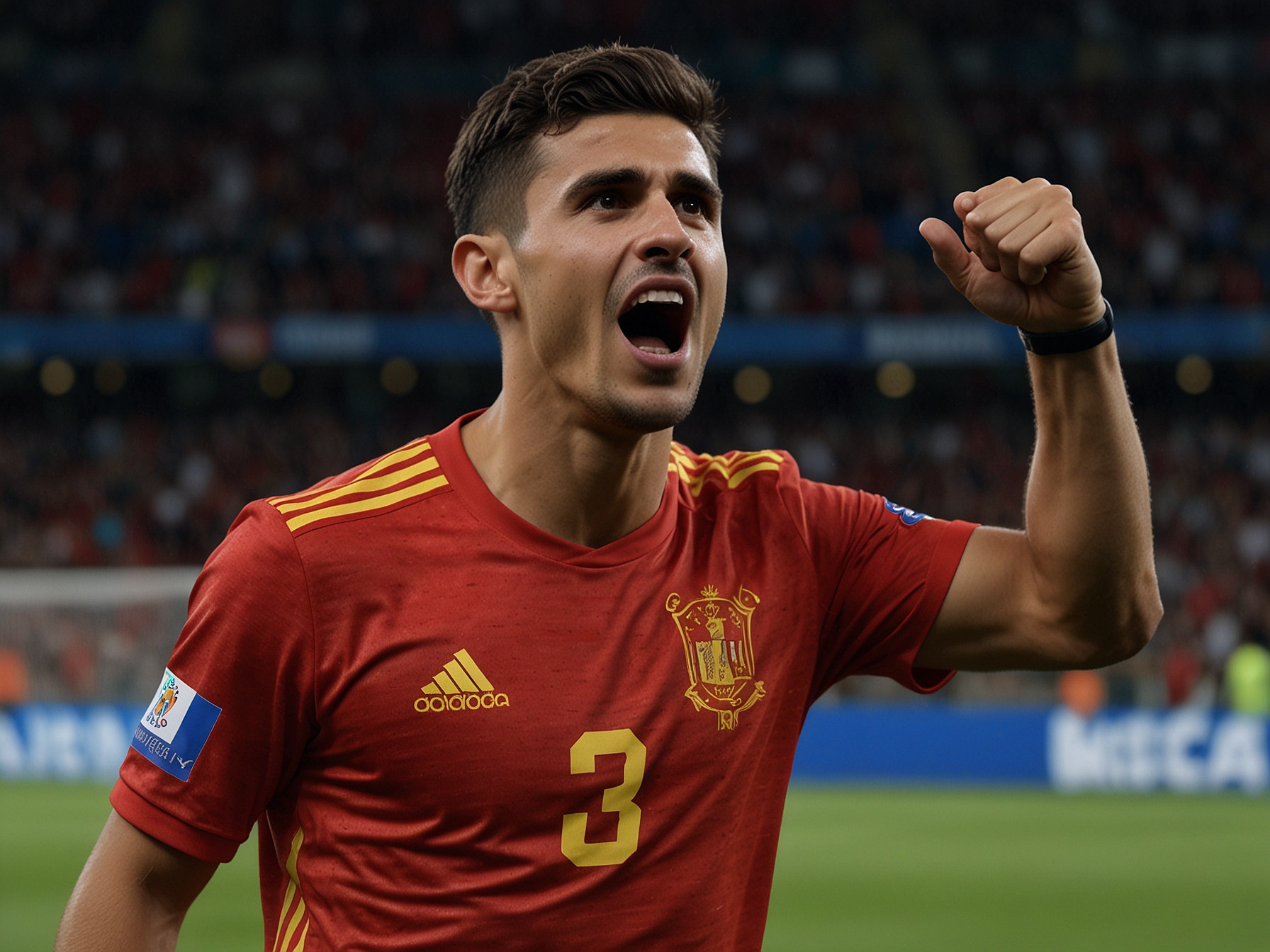Spain's Rodri celebrates after scoring a crucial equaliser against Georgia in the Euro 2024 qualifier, lifting his team's spirits and showcasing his skill and determination.