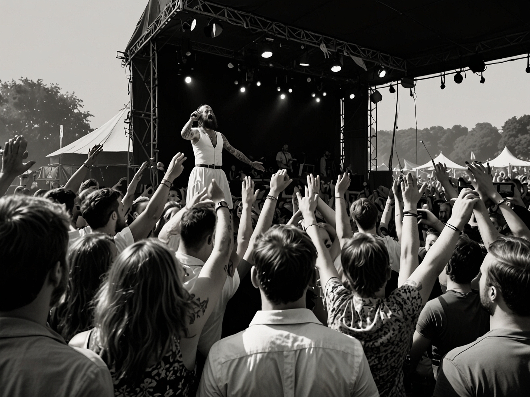 IDLES perform on the Other Stage at Glastonbury with a crowd of festival-goers. The image captures the intense energy and raw emotion of the band's performance.
