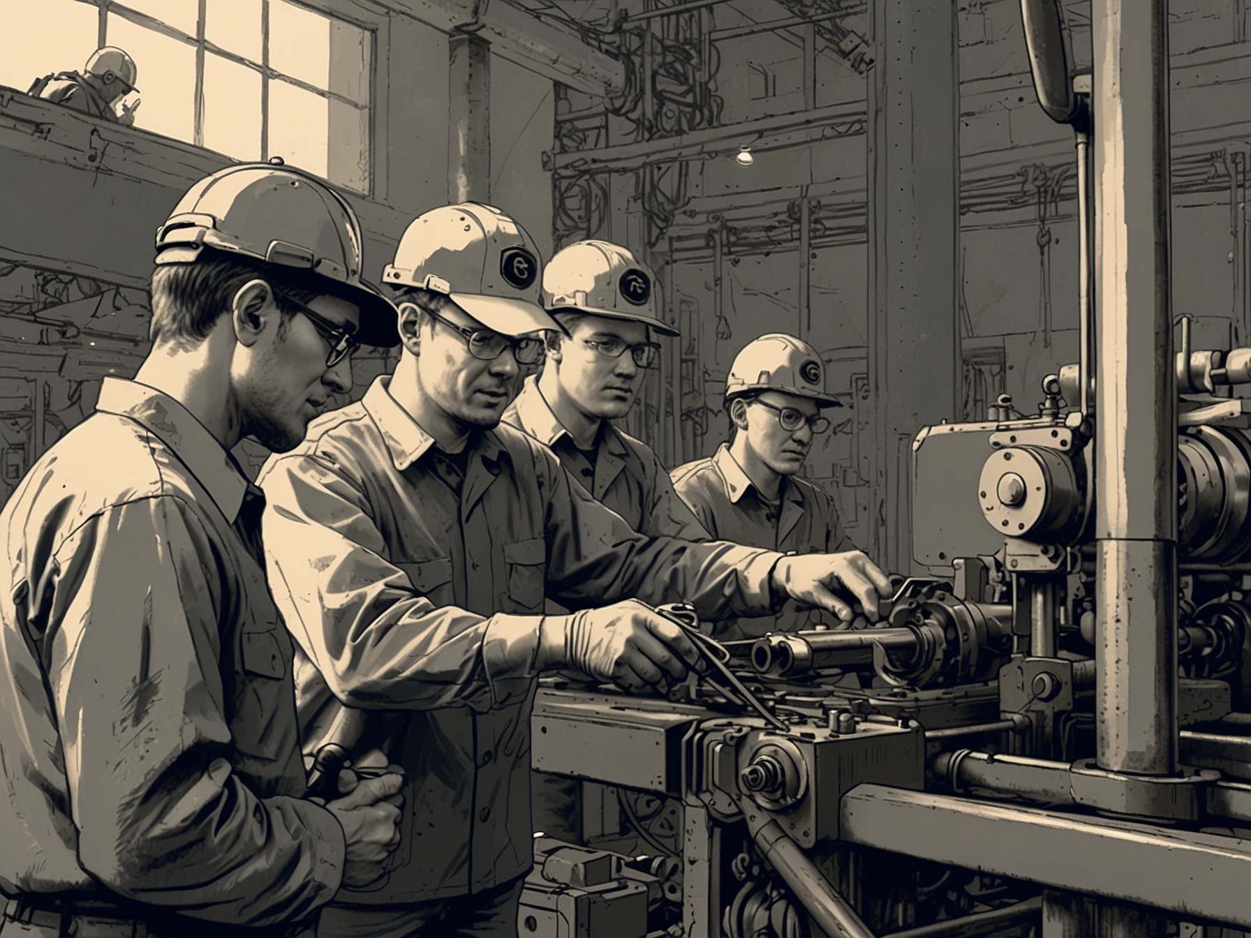 A group of workers receiving training on new machinery, representing Roberts’ vision for upskilling the workforce to adapt to advanced manufacturing technologies and secure long-term employment.