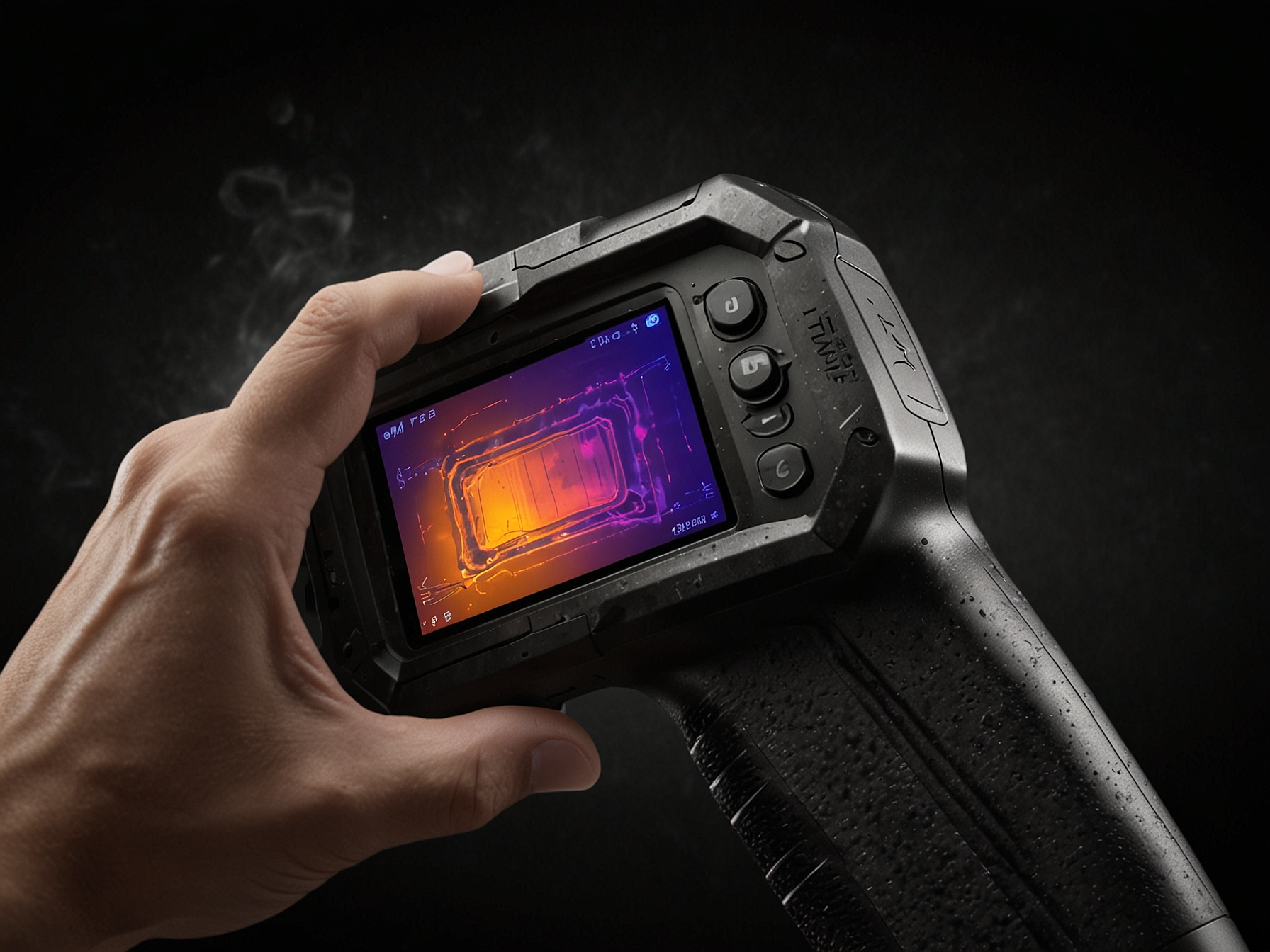 A close-up of the Ulefone Armor 25T Pro's thermal imaging feature in use, highlighting the FLIR Lepton thermal sensor capabilities for detecting heat signatures in complete darkness.